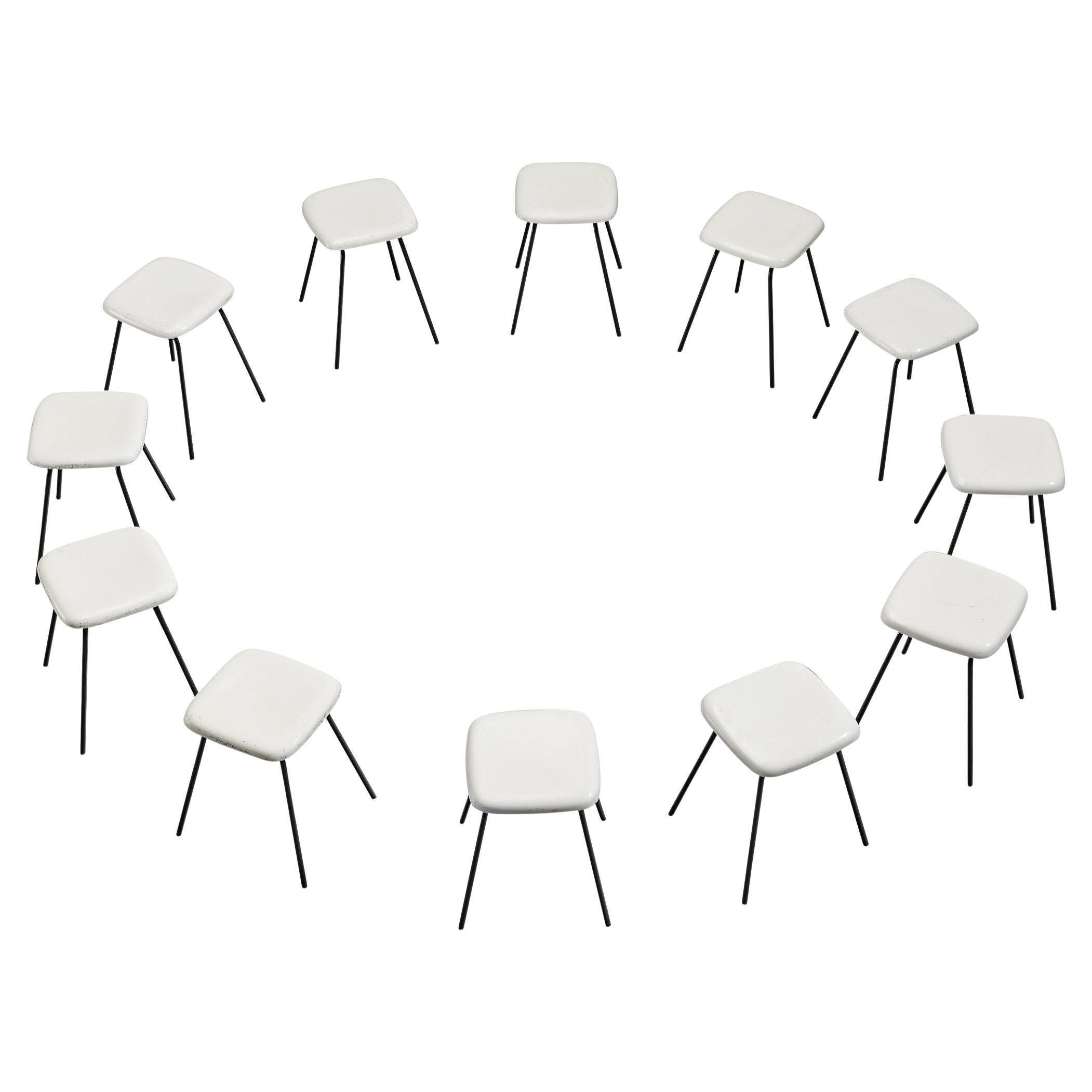 Modern Stools in White Fiberglass and Black Coated Steel For Sale