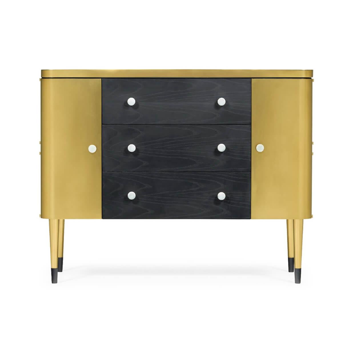 A Mid-Century Modern style storage chest with white marble top, brass trims and panels, and ebonized drawer fronts. The end doors open to reveal interior shelf storage and raised on tapered legs.

Dimensions: 48