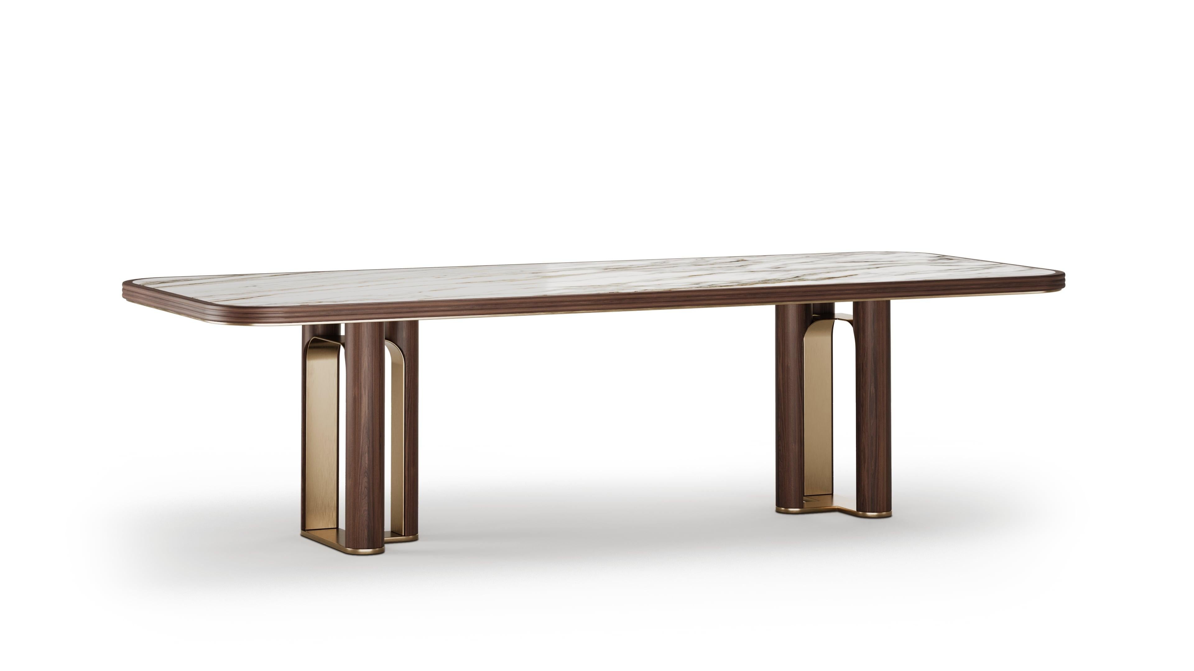 Mid-Century Modern Modern Strato Dining Table in Walnut and Marble with Metal Edge Detail For Sale