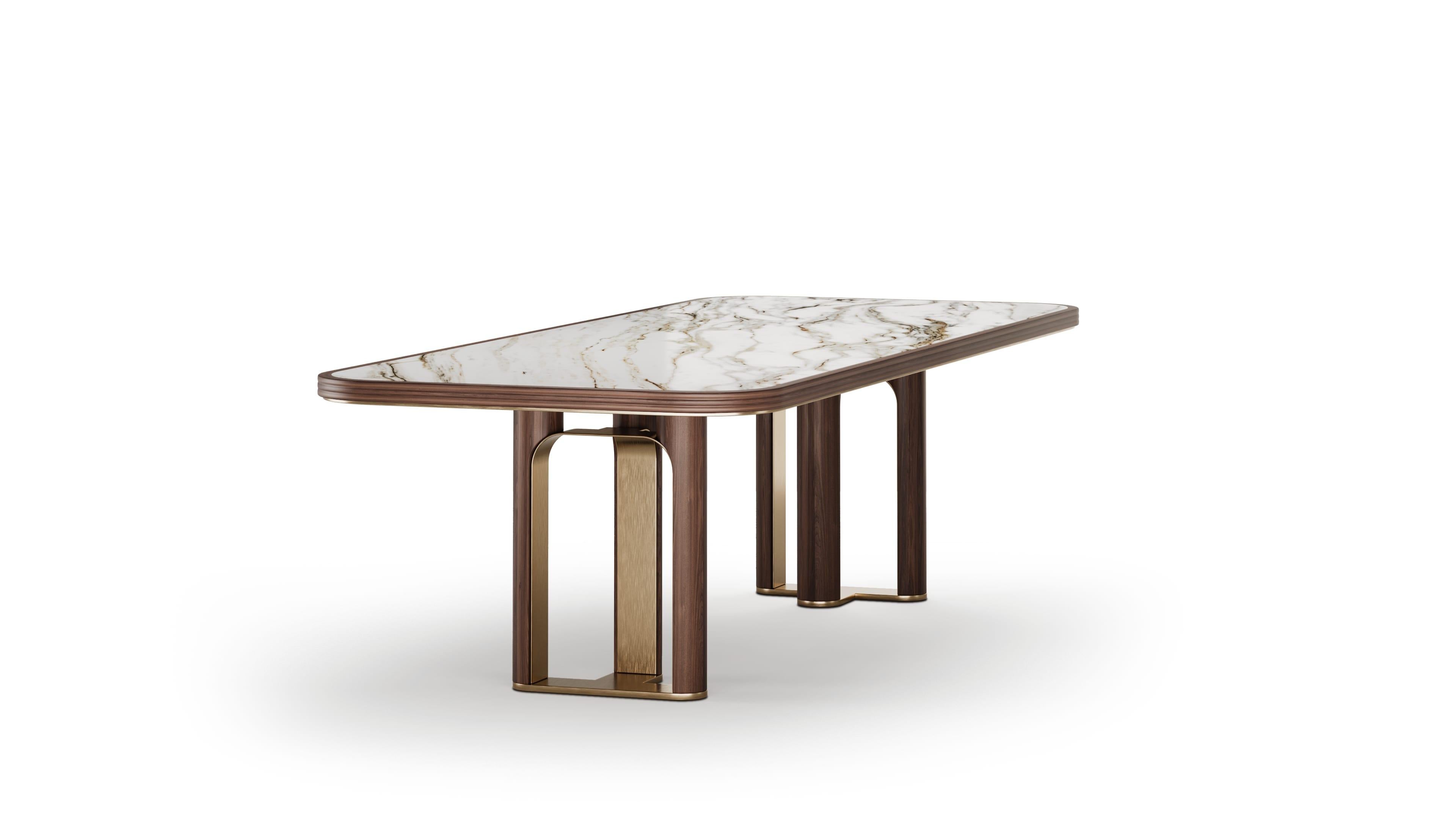 Portuguese Modern Strato Dining Table in Walnut and Marble with Metal Edge Detail For Sale