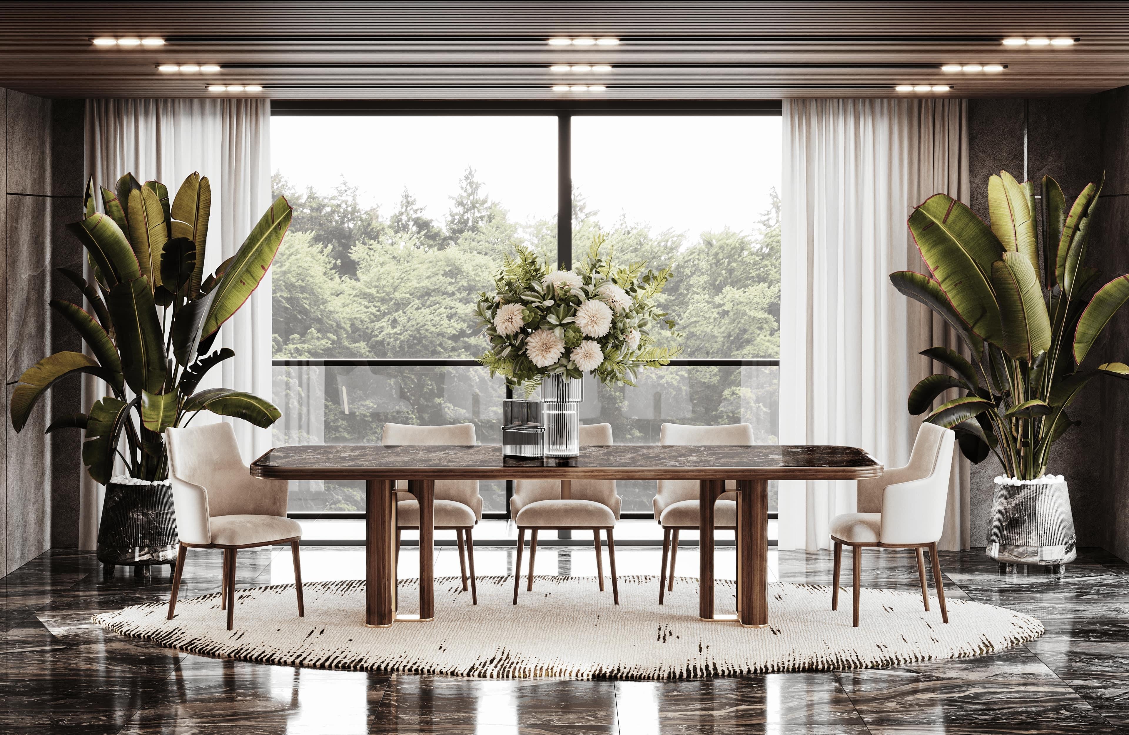 Contemporary Modern Strato Dining Table in Walnut and Marble with Metal Edge Detail For Sale