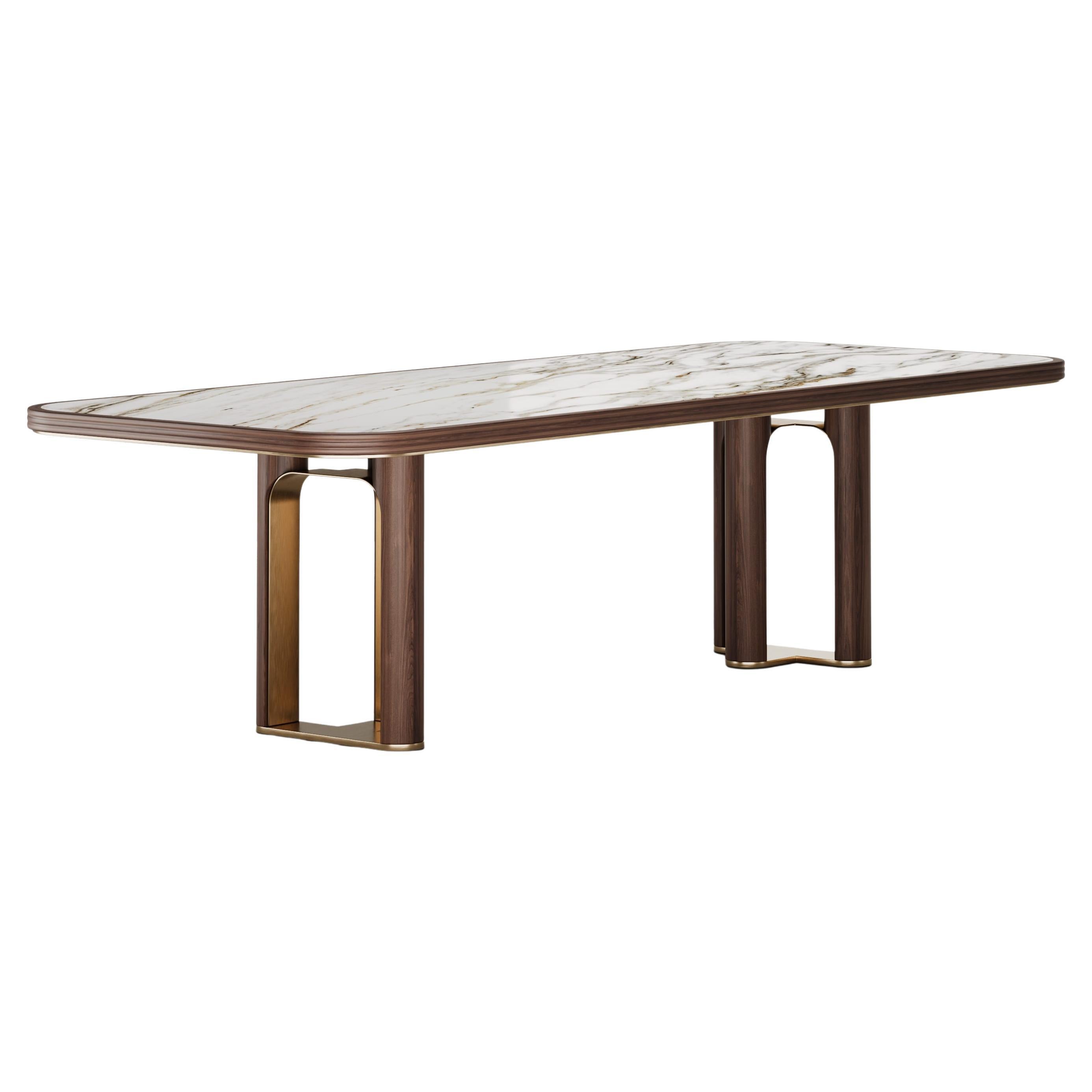 Modern Strato Dining Table in Walnut and Marble with Metal Edge Detail For Sale
