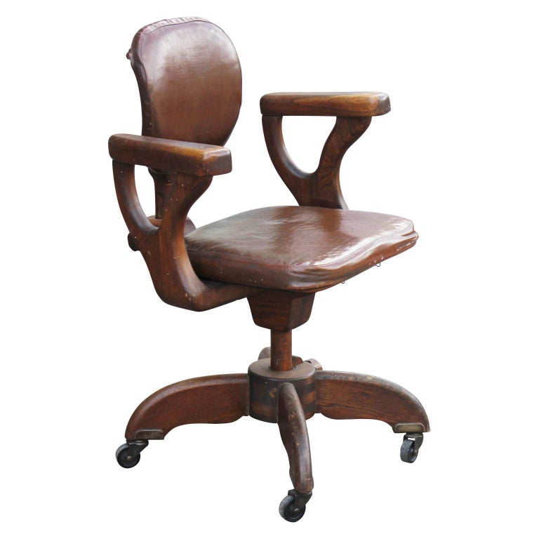 Modern Streamline Adjustable Wooden Mechanism Craftsman Naugahyde Office Chair at 1stDibs