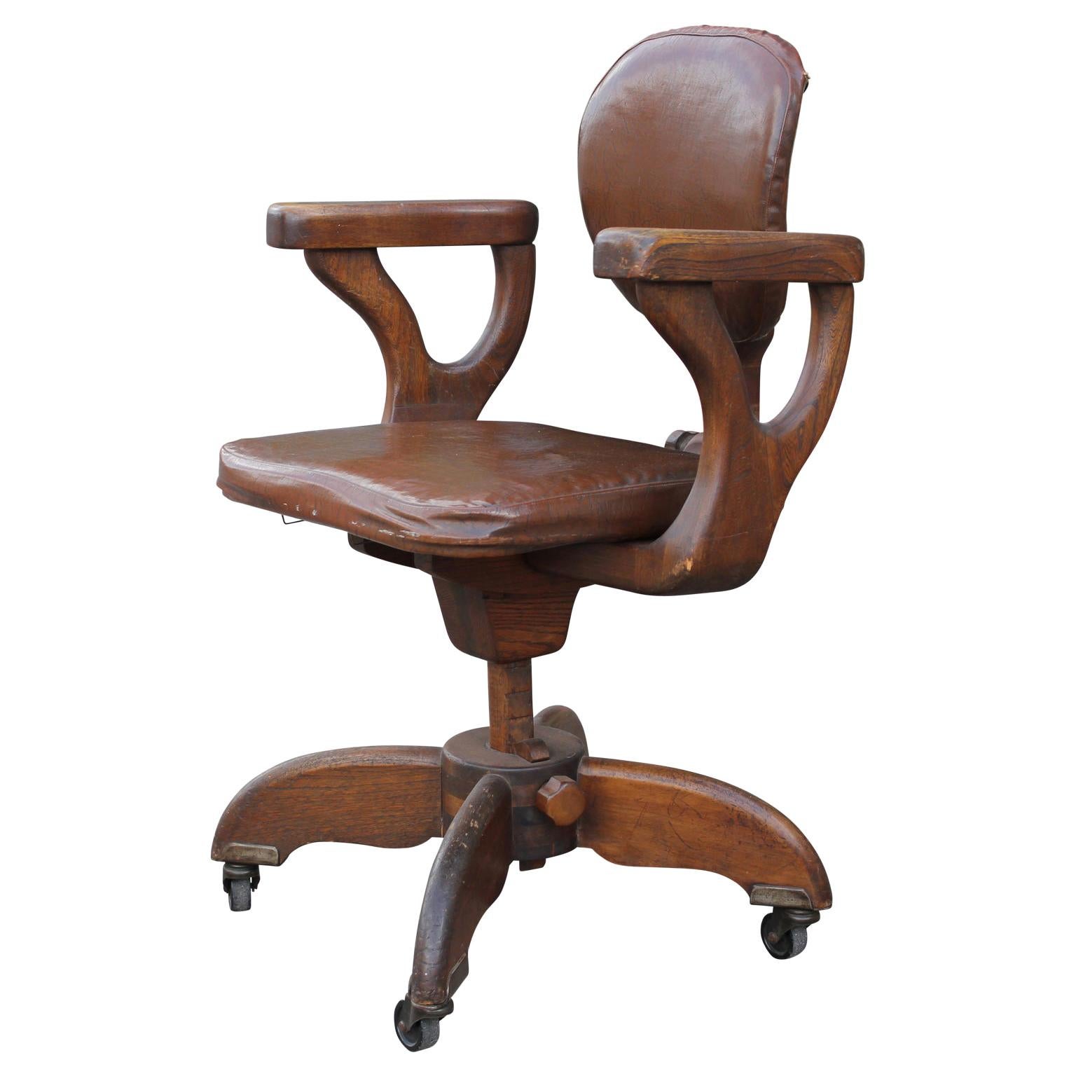 Modern Streamline Adjustable Wooden Mechanism Craftsman Naugahyde Office Chair