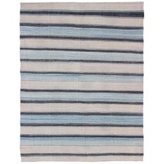 Modern Stripe Design Kilim Flat-Woven Rug in Shades of Blue and Beach Colors