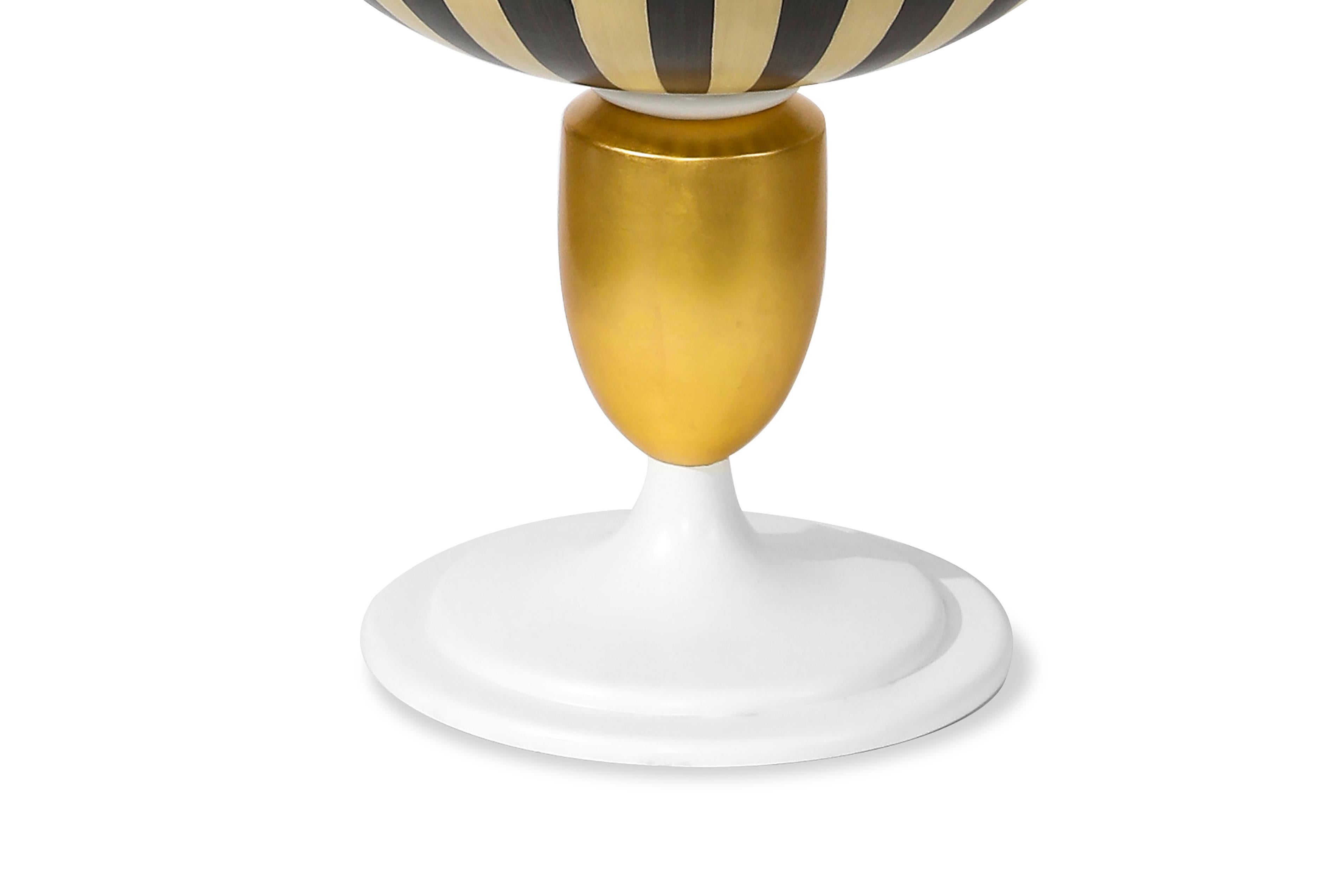 Hand-Carved Modern Stripe Design Round Coffee Table with Glass Top, Multi Colors, in Stock For Sale