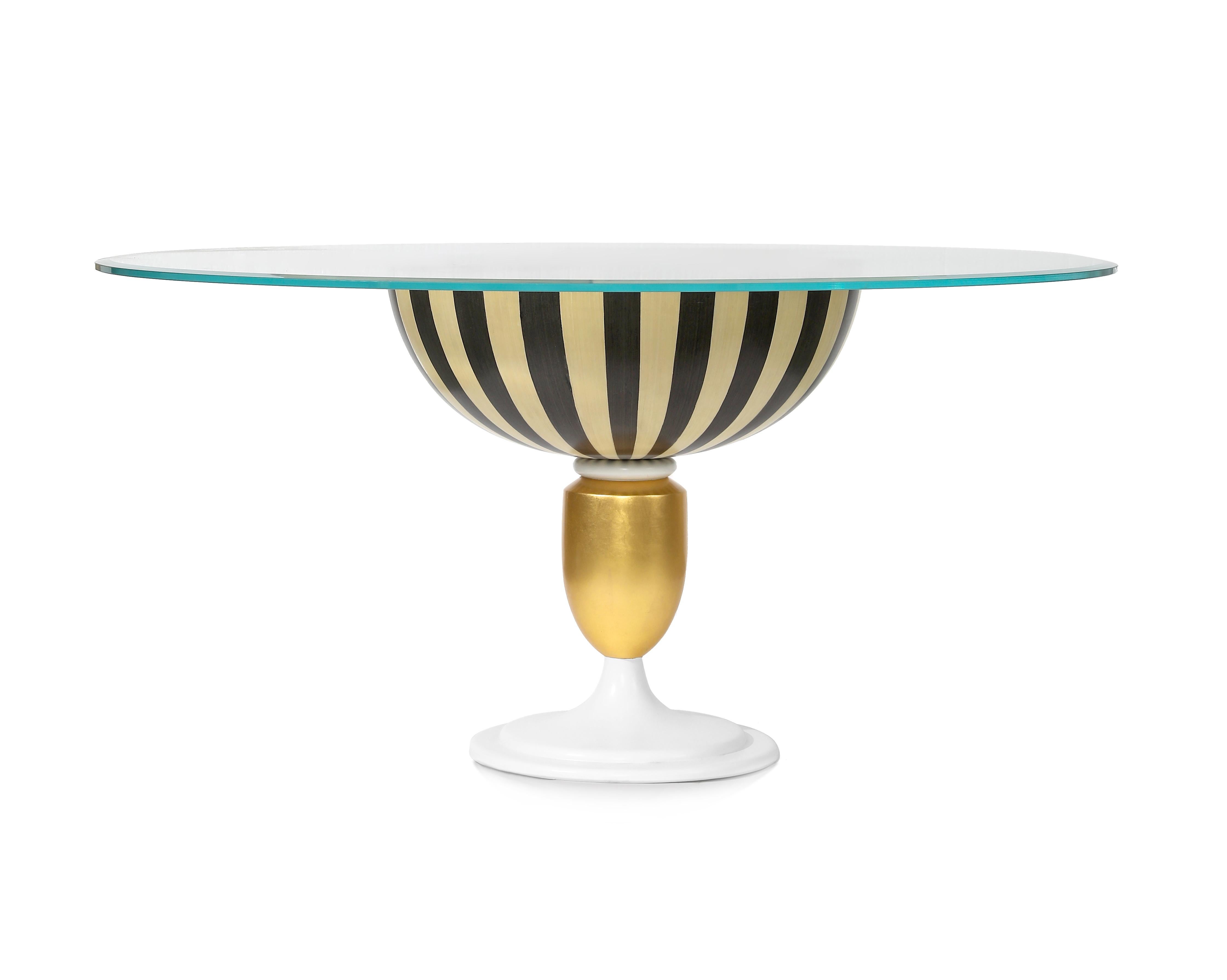 Gold Plate Modern Stripe Design Round Coffee Table with Glass Top, Multi Colors, in Stock For Sale