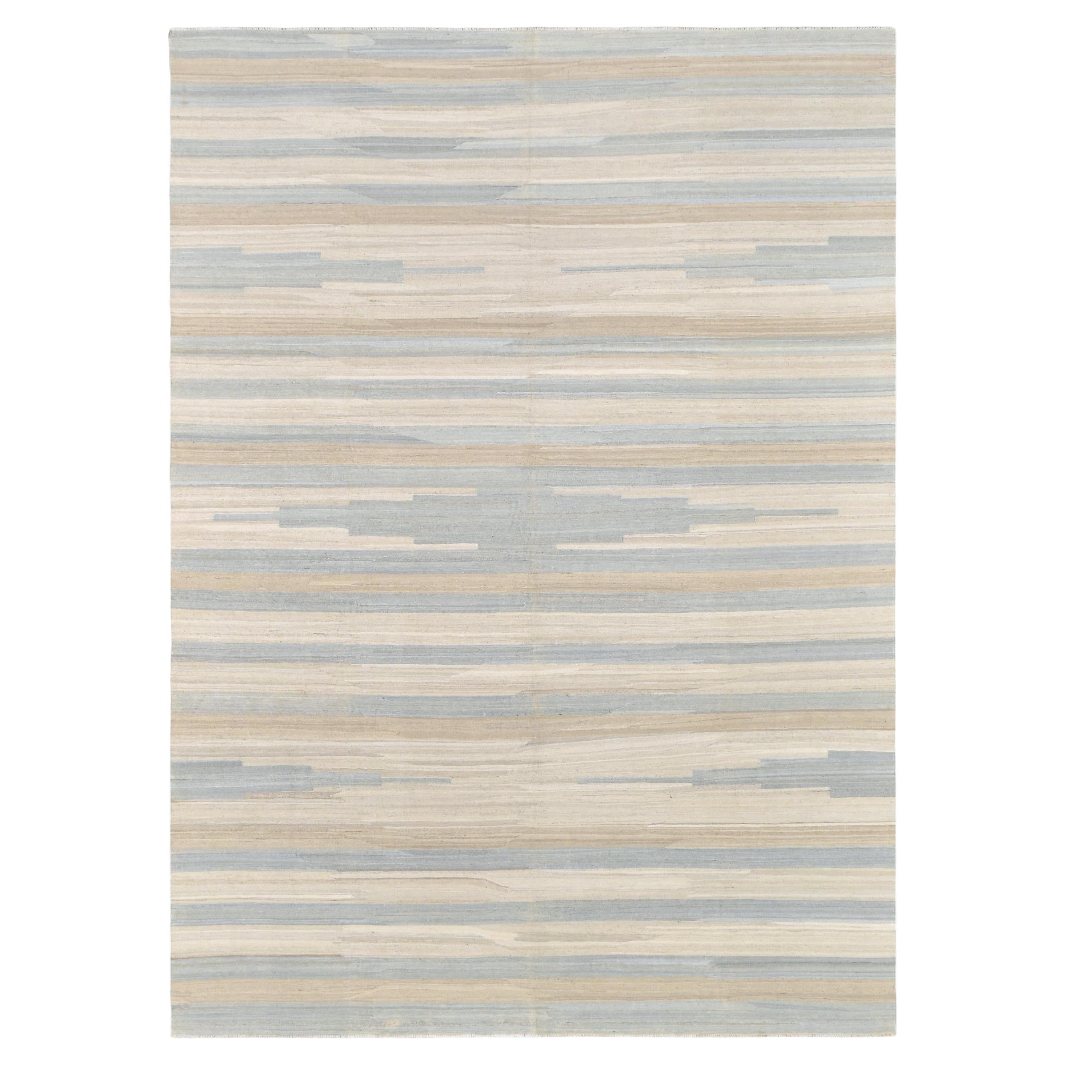 Kilim di lana moderno a righe beige e avorio con disegno a gradi 8'8''x12'1''