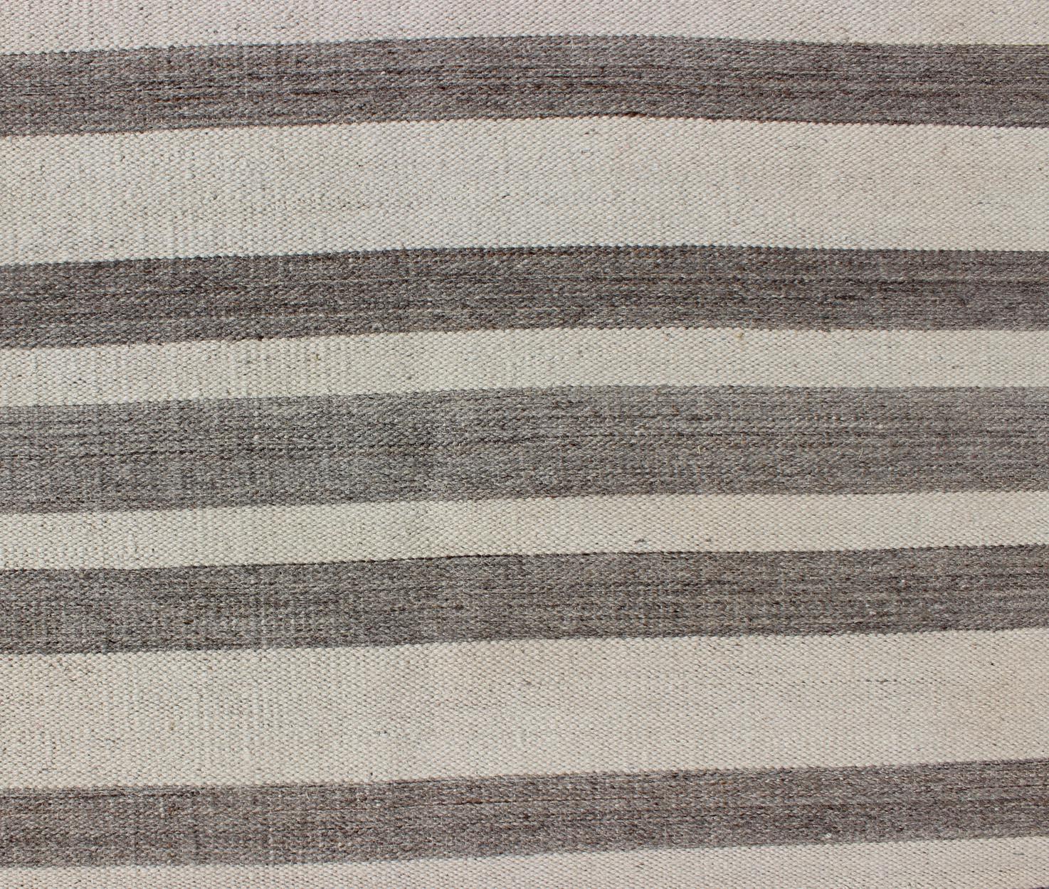Indian Modern Striped Gray and Cream Kilim