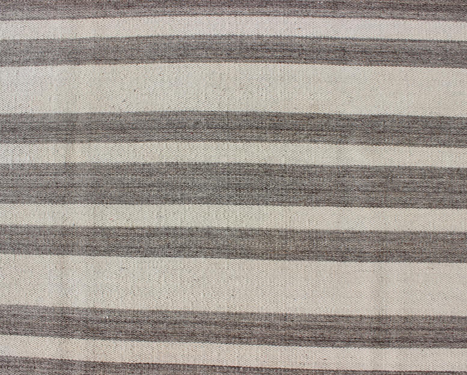Hand-Woven Modern Striped Gray and Cream Kilim