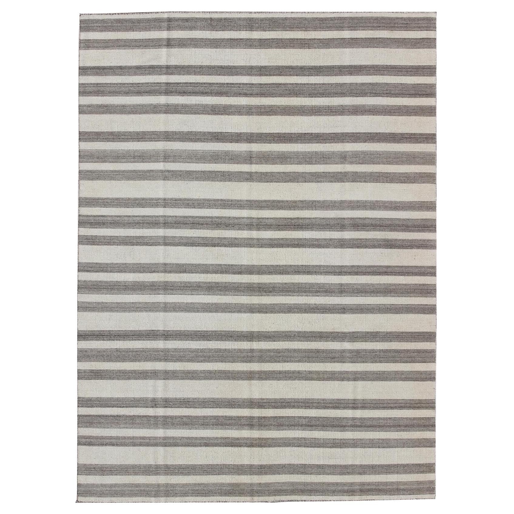 Modern Striped Gray and Cream Kilim