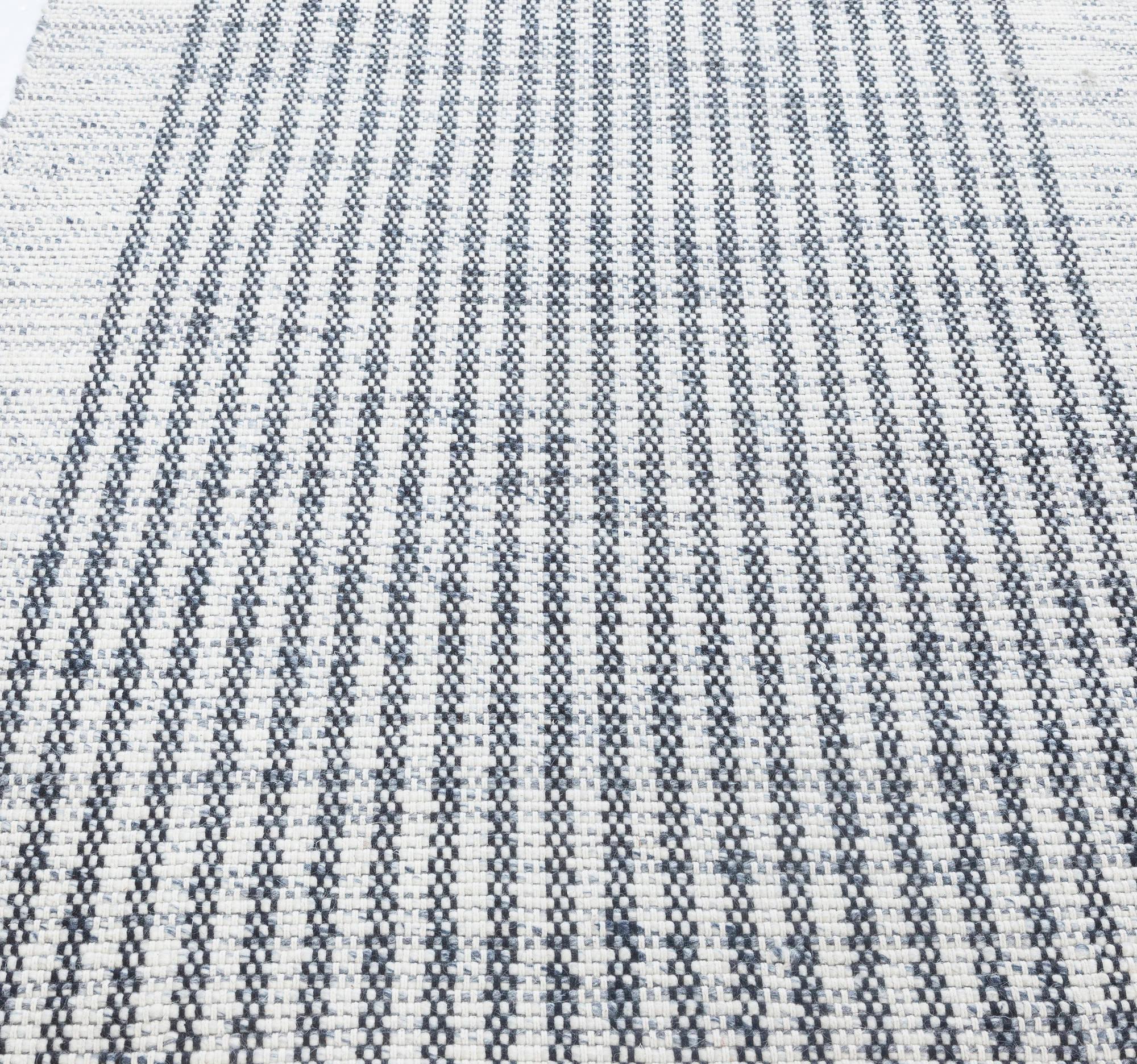 Indian Modern Striped Grey and White Flat-Weave Wool Runner by Doris Leslie Blau For Sale