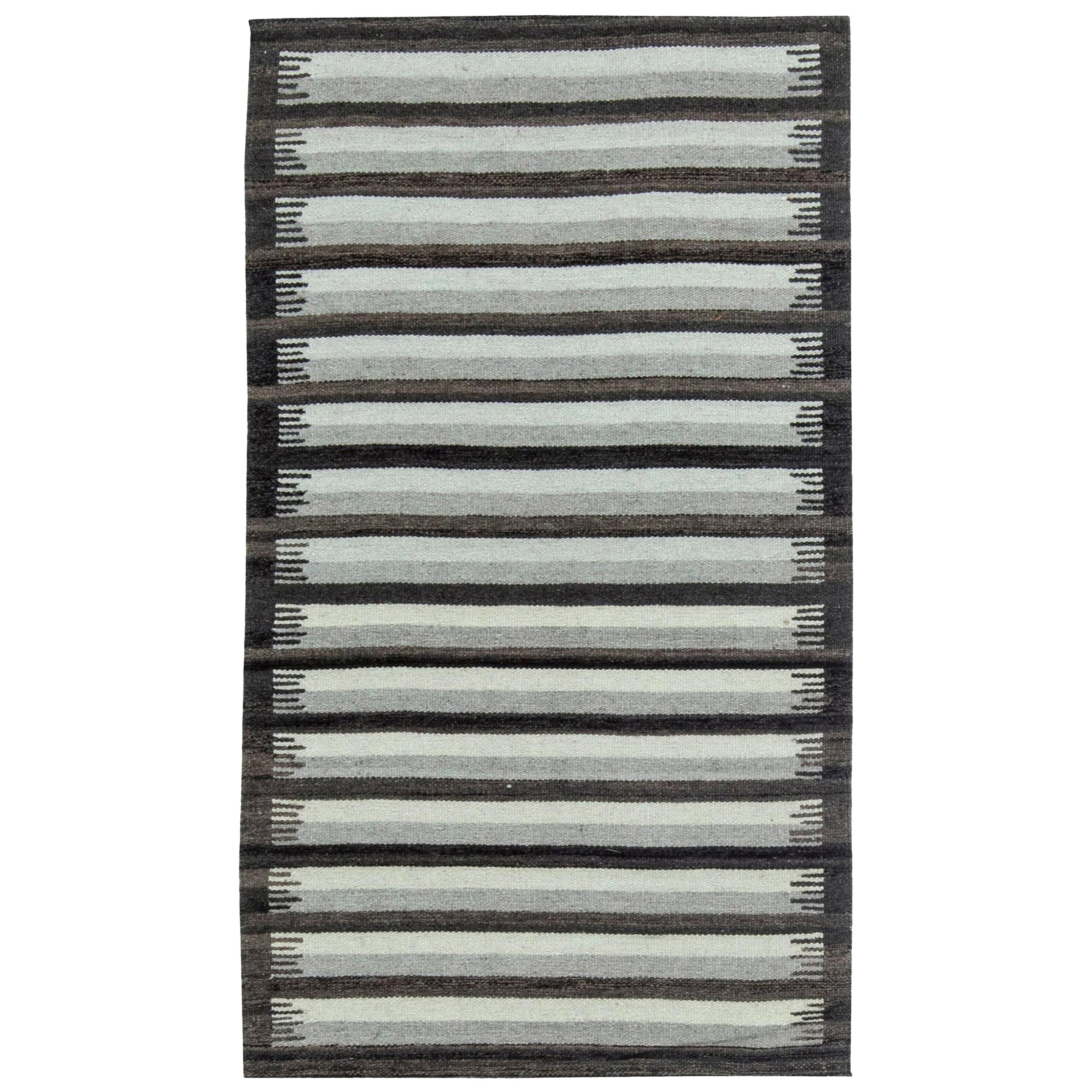 Tapis moderne en laine gris rayé à tissage plat de Doris Leslie Blau
