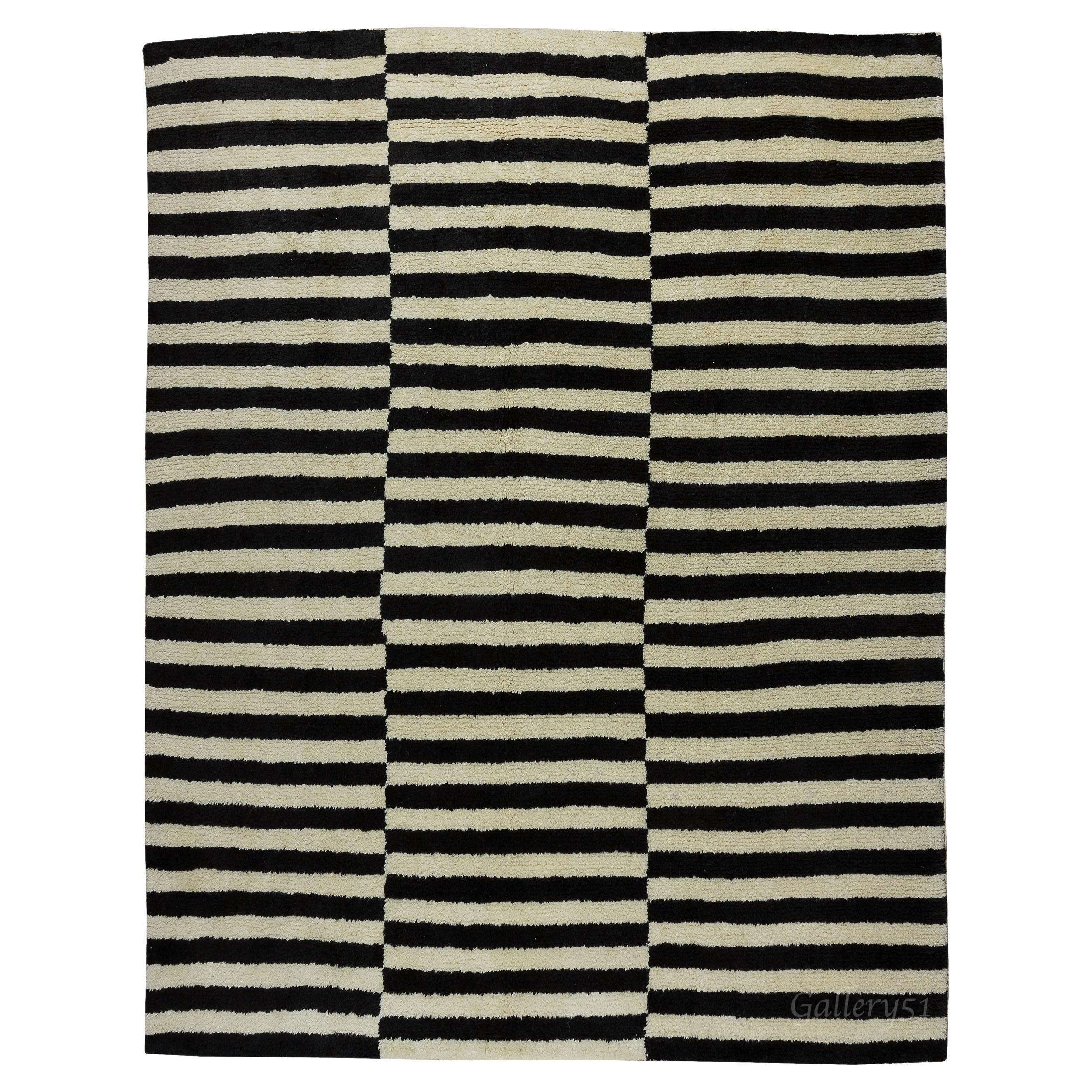 Custom Modern Striped Hand Knotted "Tulu" Rug Made of Soft Cream and Black Wool