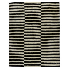 Custom Modern Striped Hand Knotted "Tulu" Rug Made of Soft Cream and Black Wool