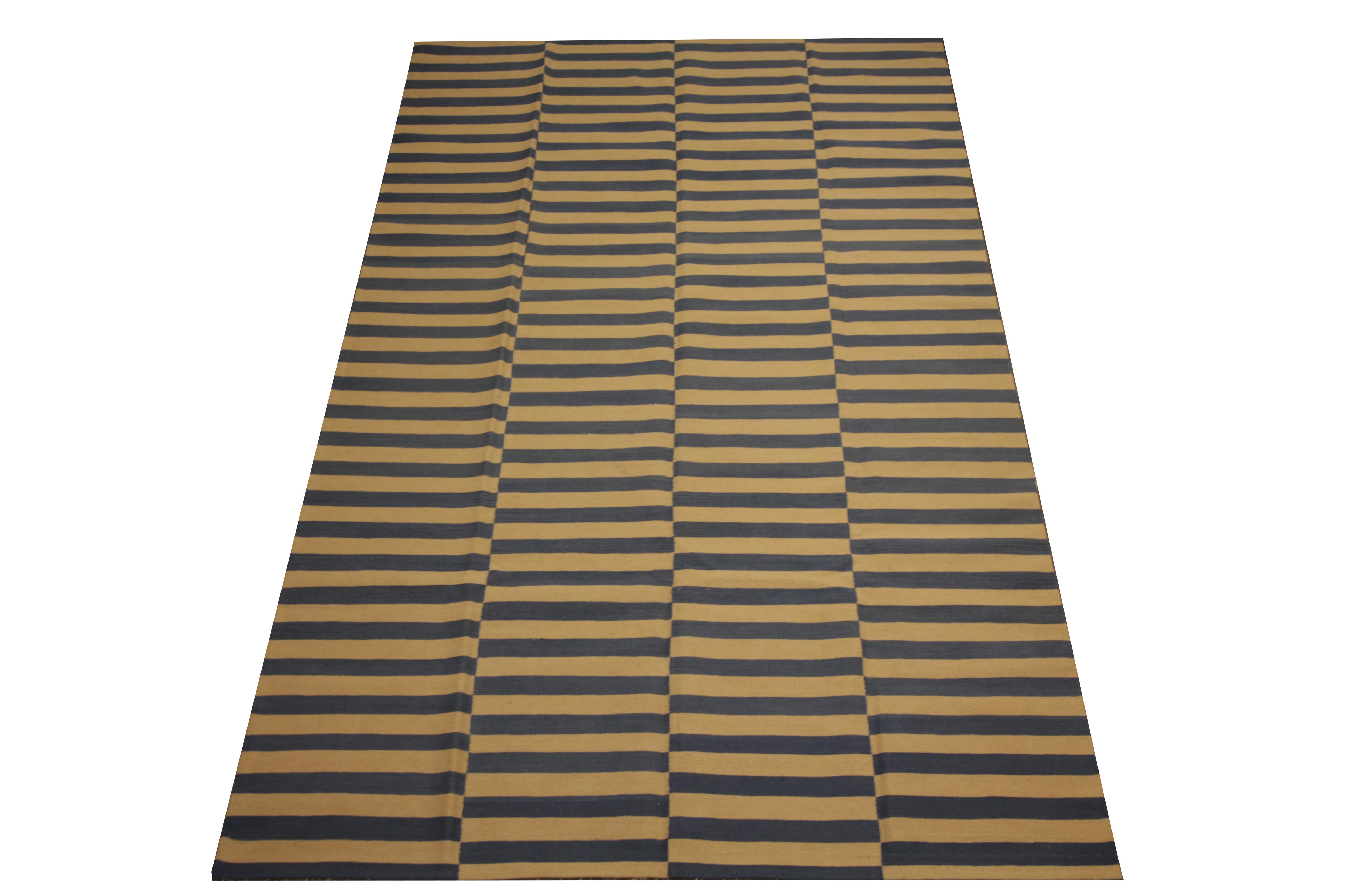 This bold block-colour kilim area rug was woven by hand in Afghanistan in the early 21st century. The design features a simple dual-tone design with blue and cream blocks. Woven by master weavers of Afghan this piece emanates modern vibes but is