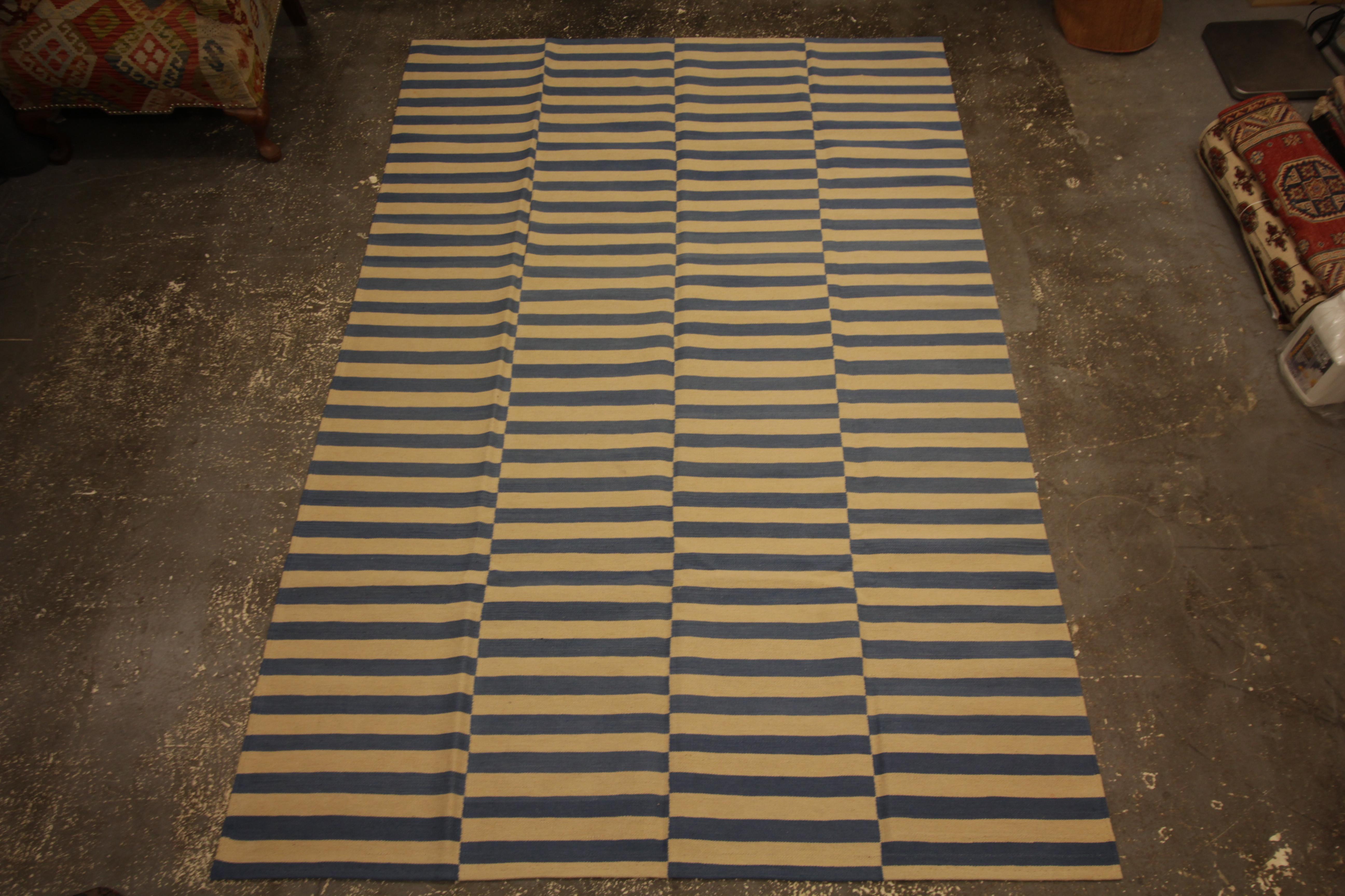 Hollywood Regency Modern Striped Kilim Area Rug, Blue Cream Handmade Flat-Woven Carpet