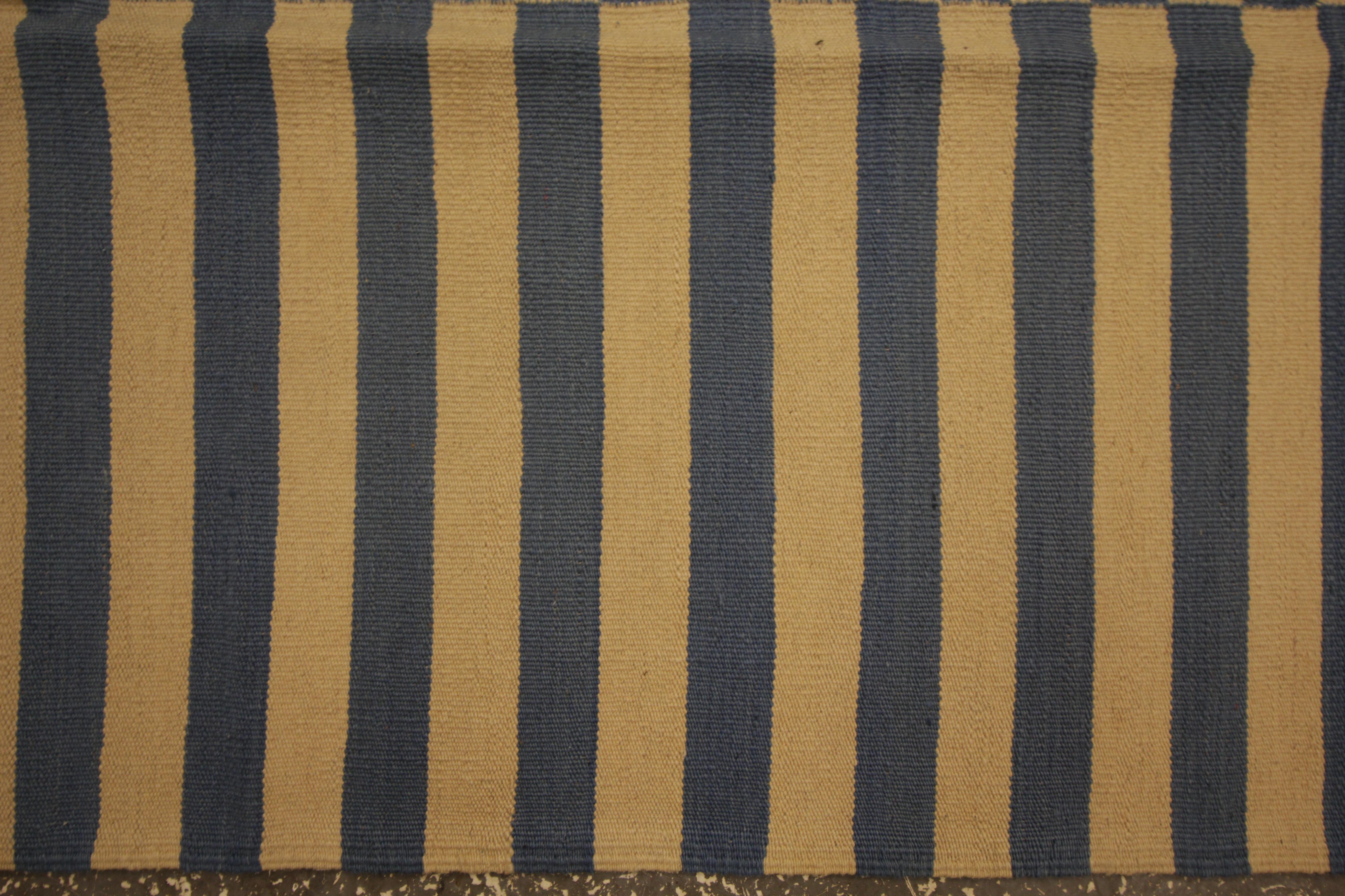 Afghan Modern Striped Kilim Area Rug, Blue Cream Handmade Flat-Woven Carpet
