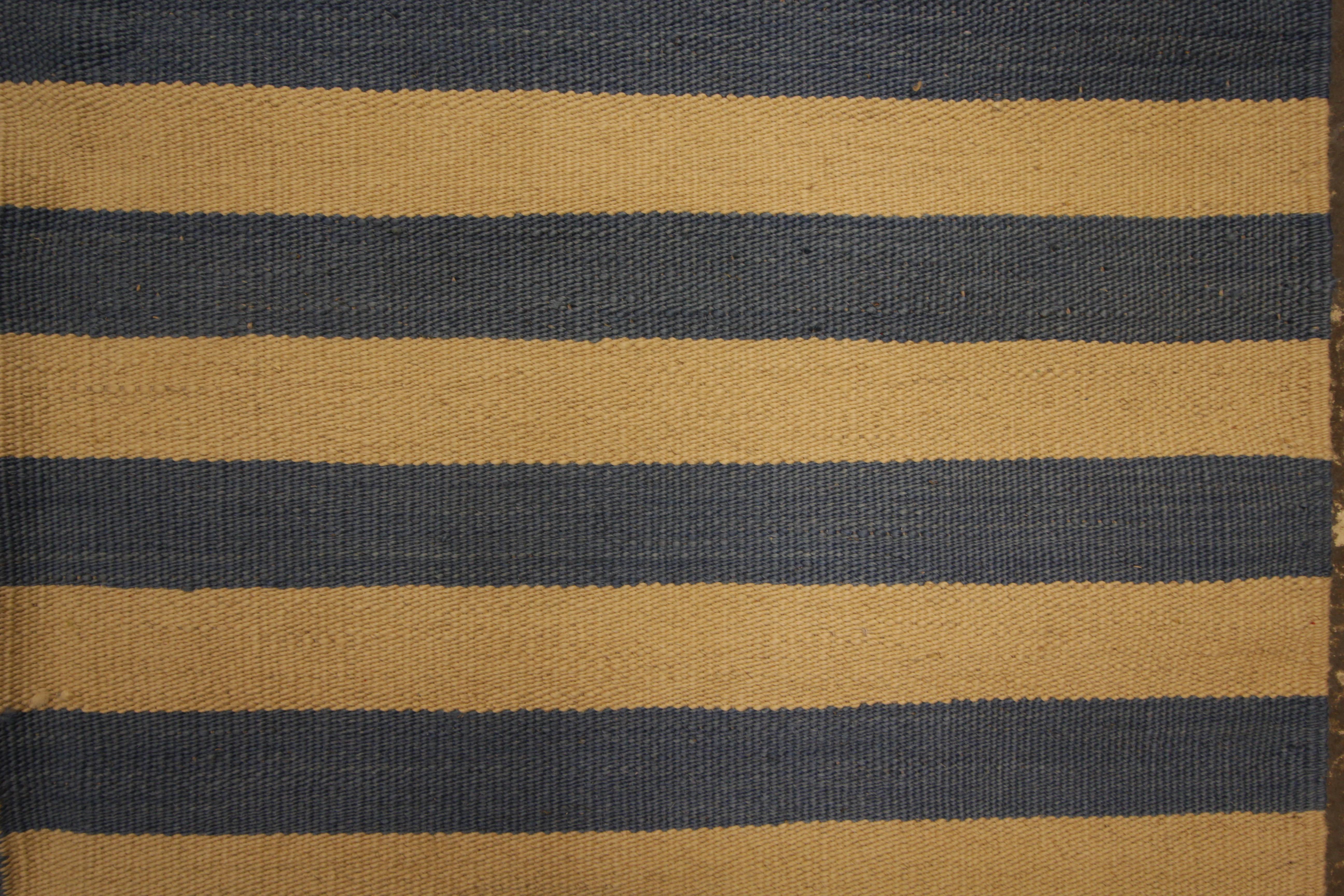 Vegetable Dyed Modern Striped Kilim Area Rug, Blue Cream Handmade Flat-Woven Carpet