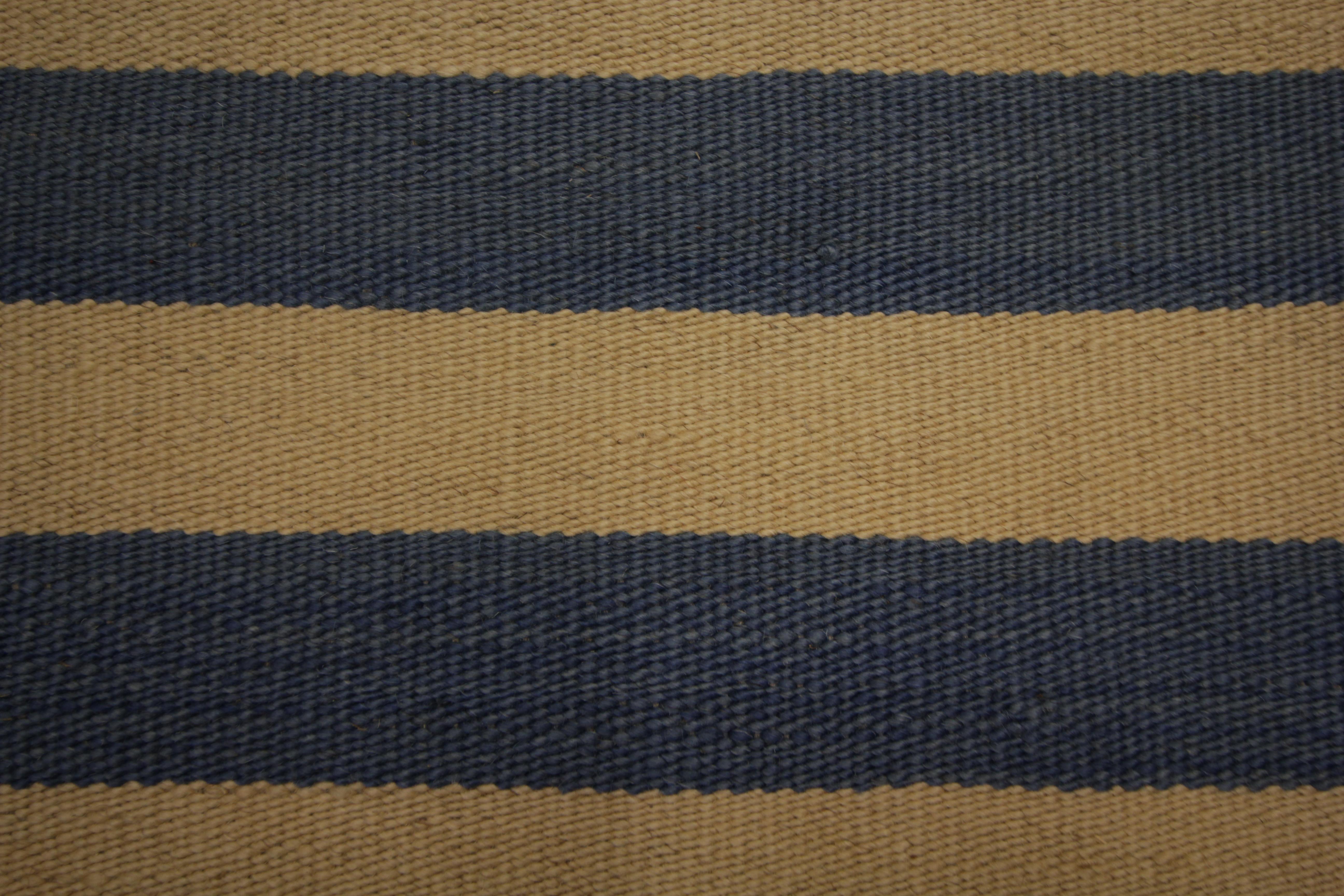 Modern Striped Kilim Area Rug, Blue Cream Handmade Flat-Woven Carpet In Excellent Condition In Hampshire, GB