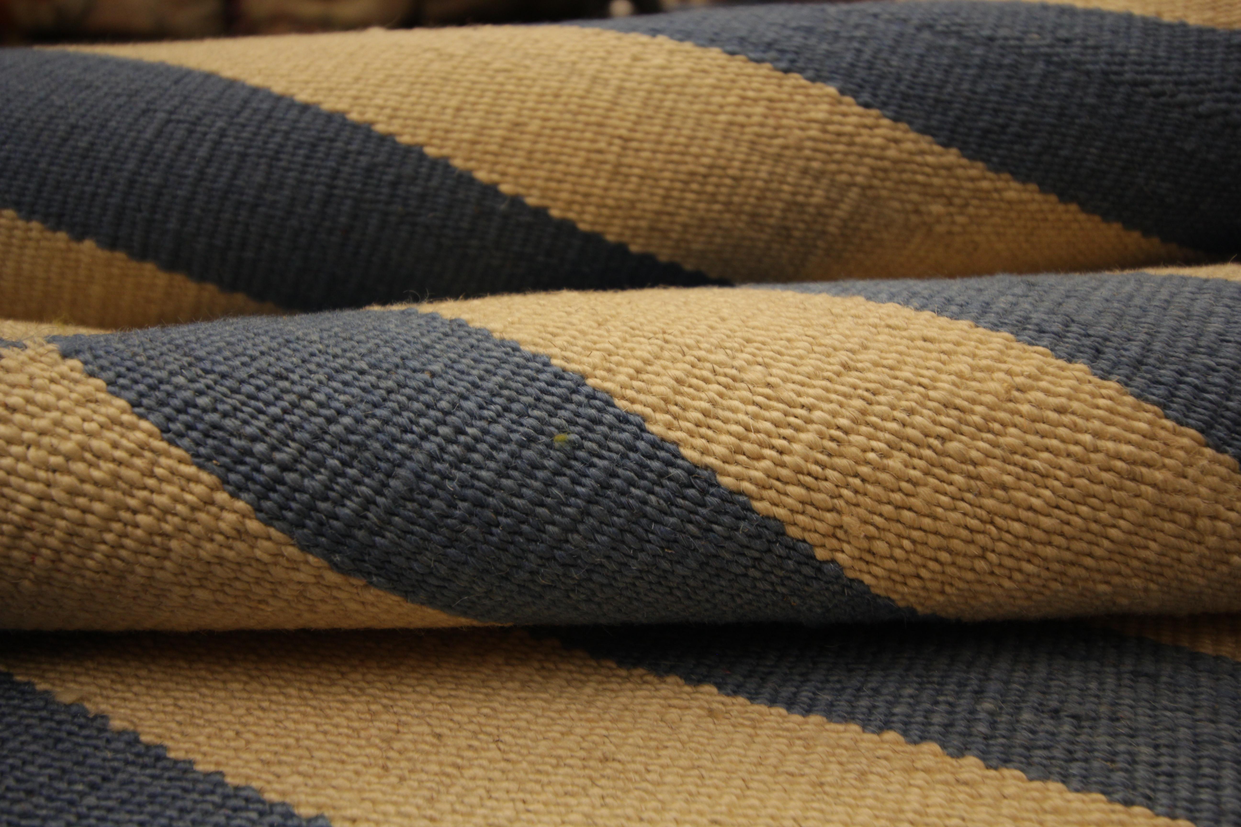 Late 20th Century Modern Striped Kilim Area Rug, Blue Cream Handmade Flat-Woven Carpet