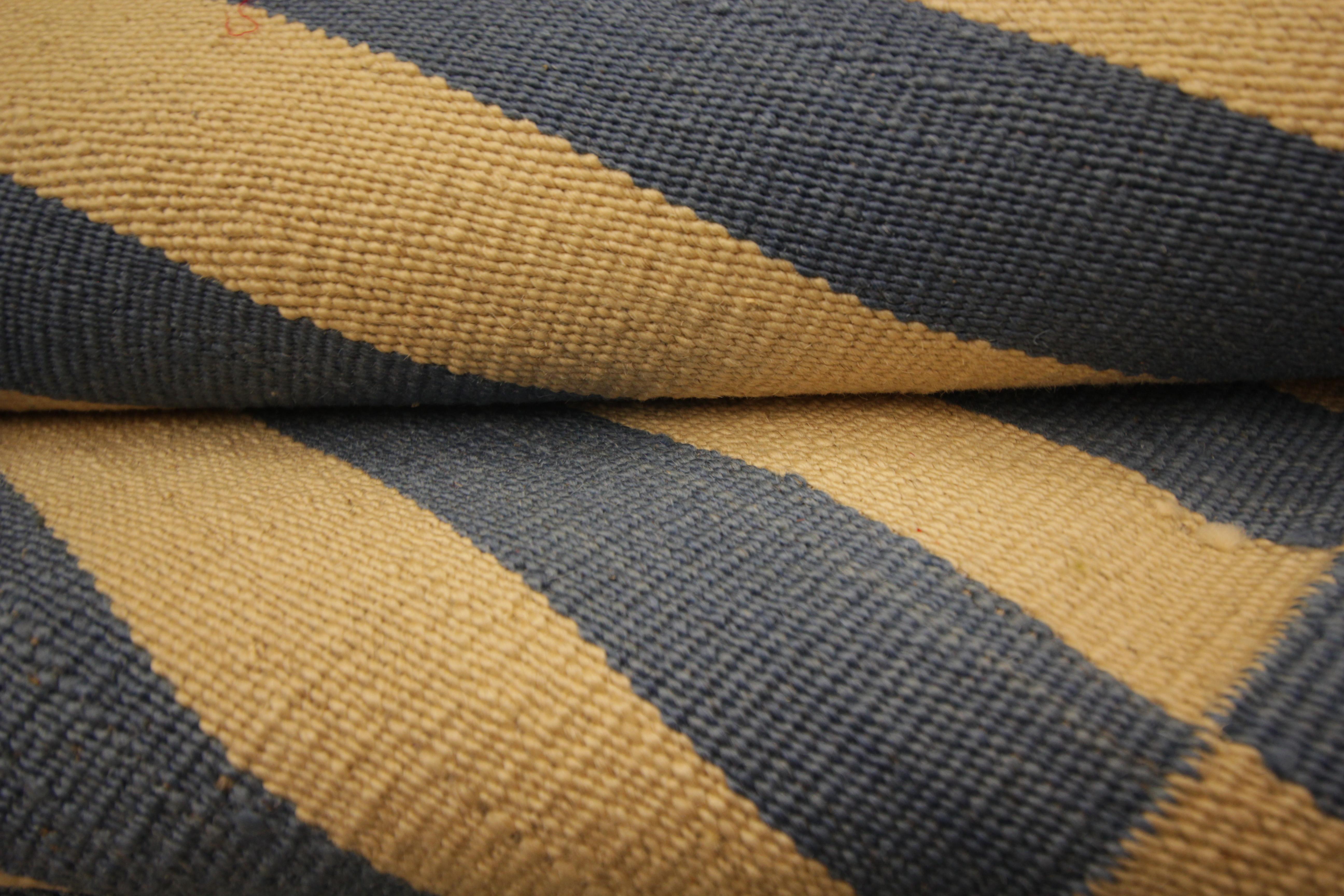 Wool Modern Striped Kilim Area Rug, Blue Cream Handmade Flat-Woven Carpet