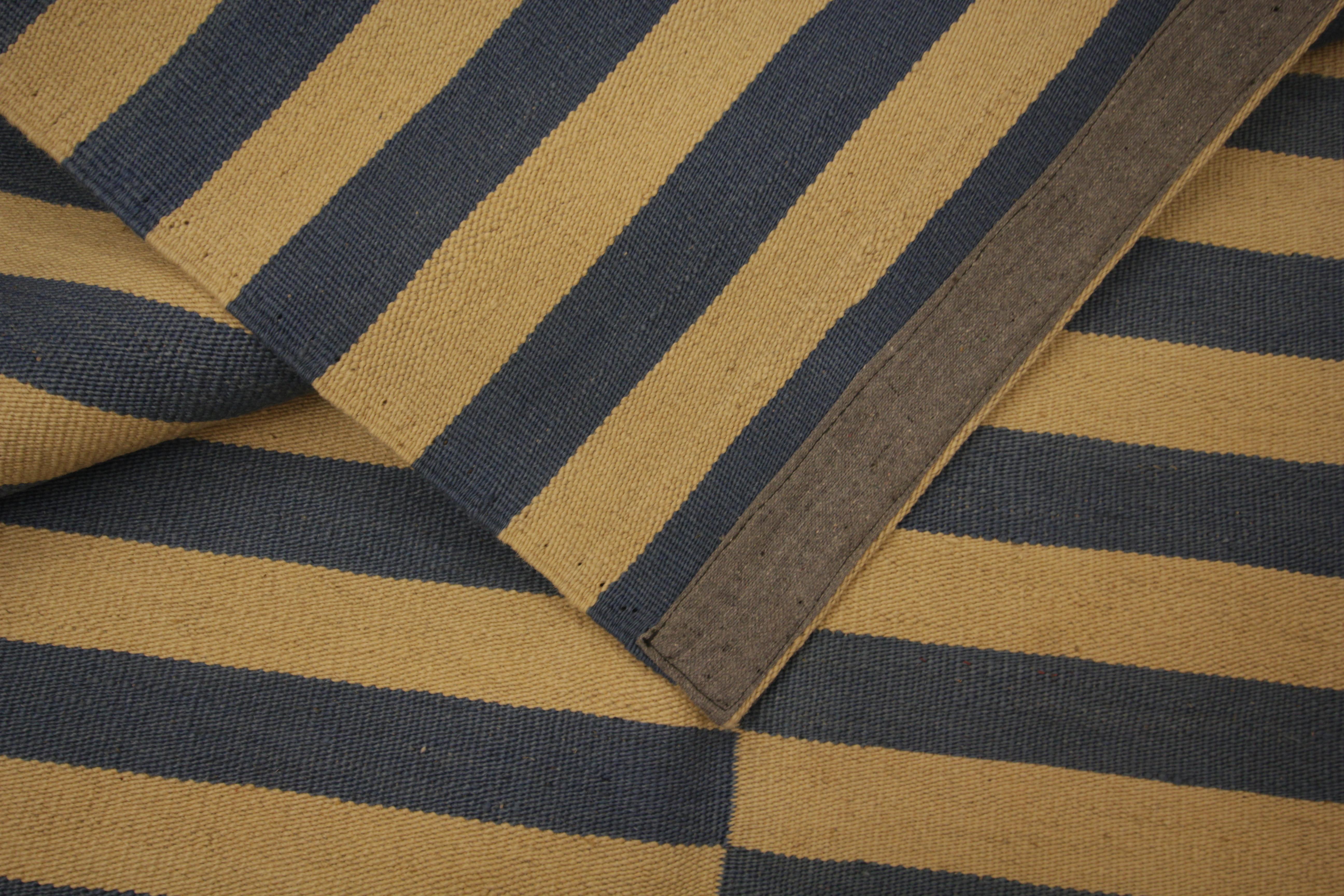 Modern Striped Kilim Area Rug, Blue Cream Handmade Flat-Woven Carpet 1