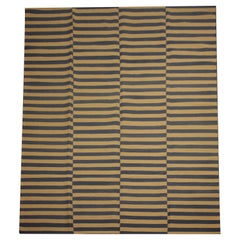 Modern Striped Kilim Area Rug, Blue Cream Handmade Flat-Woven Carpet