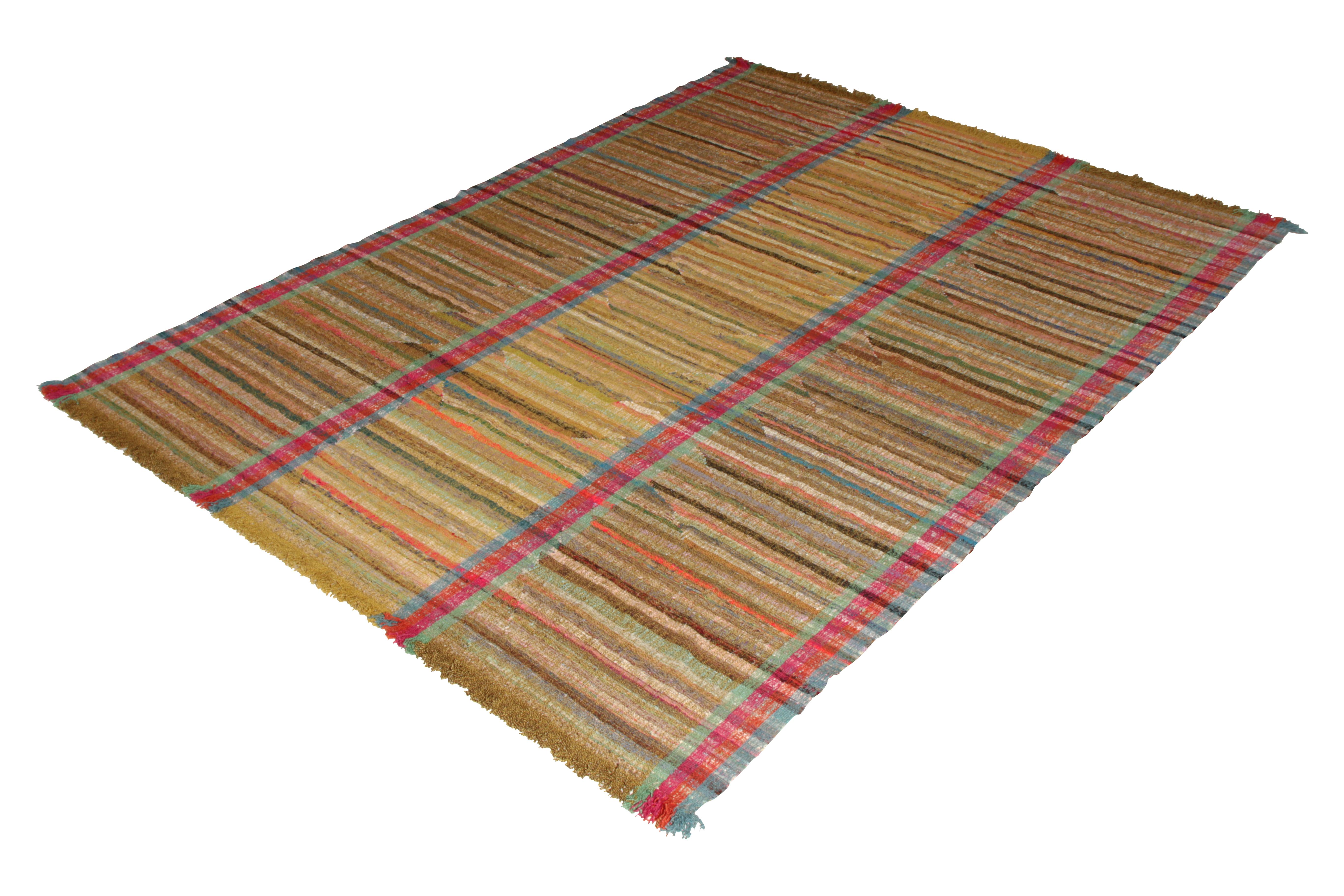 This modern Kilim represents a selection of distinct new patterns joining Rug & Kilim’s titular Kilim and flat-weave collection, with this piece representing a subcollection uniquely handwoven from the yarns of classic textiles and Kilims to create