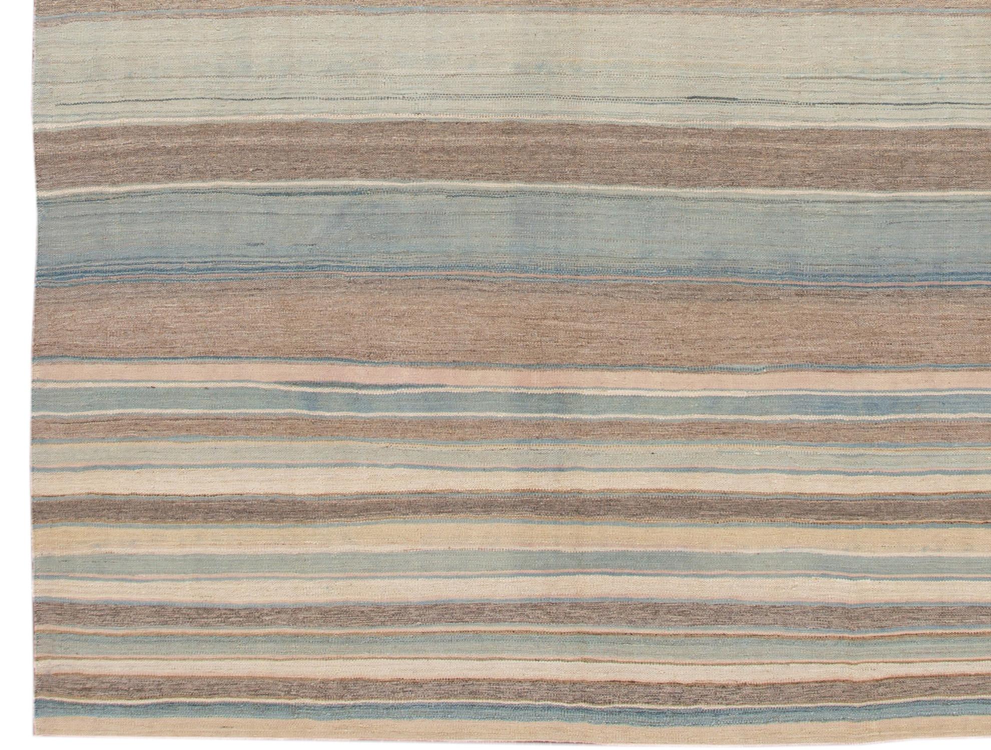 Turkish Modern Striped Kilim Handmade Wool Rug For Sale