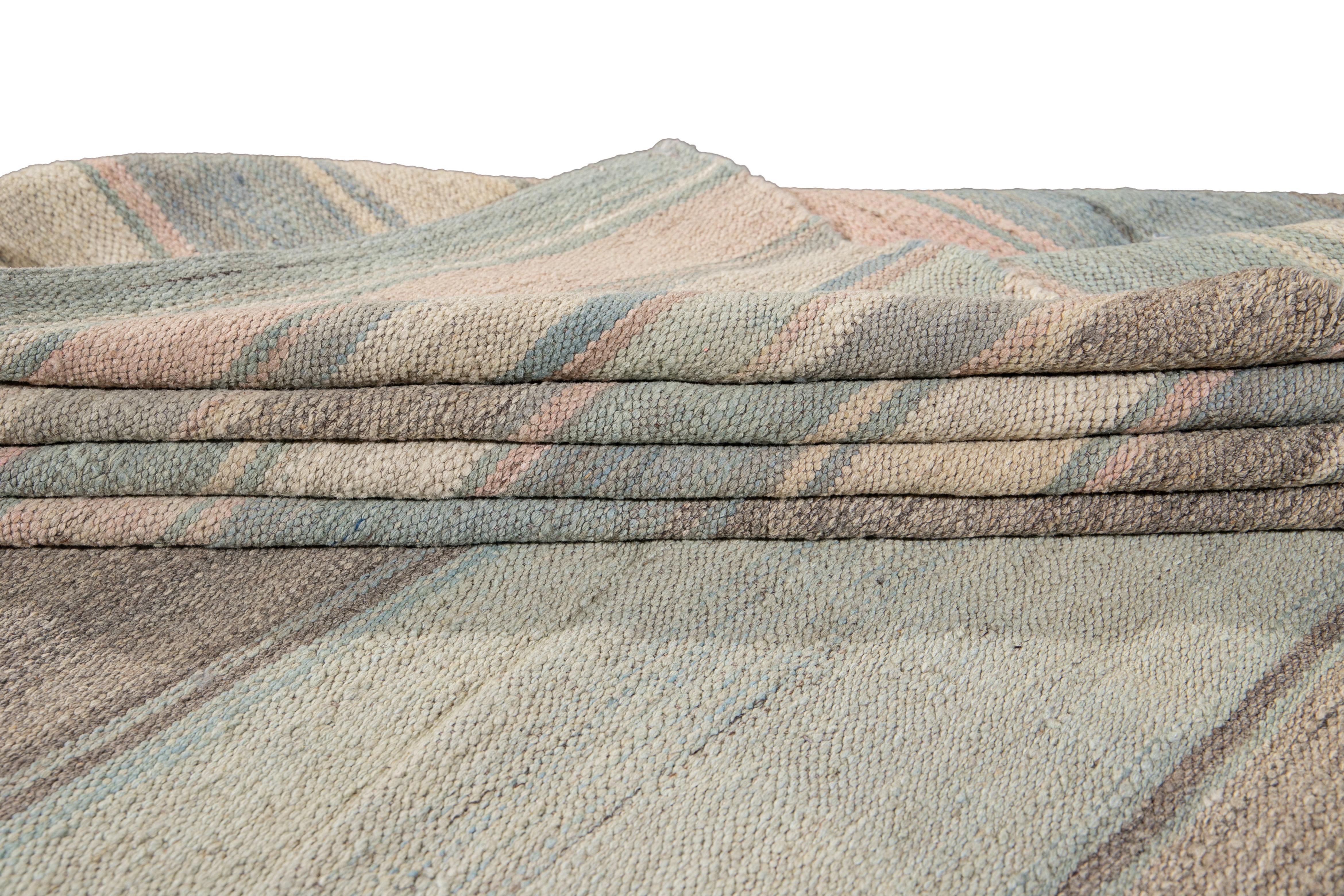 Hand-Woven Modern Striped Kilim Handmade Wool Rug For Sale
