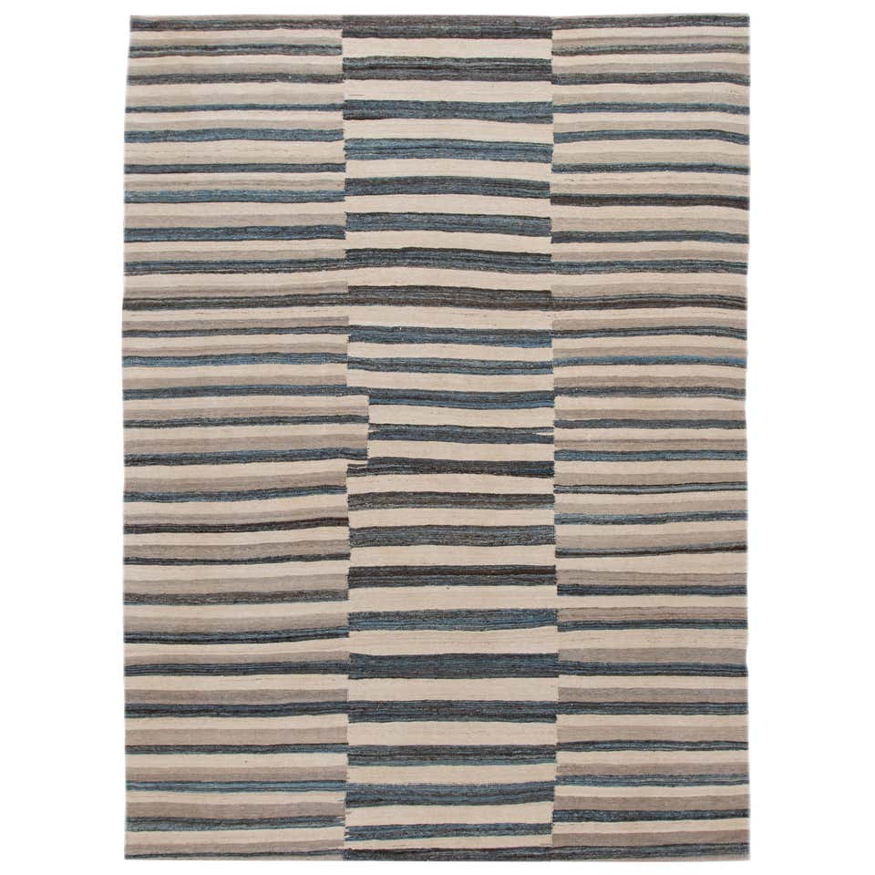 Modern Block Colour Wool Kilim Handmade Striped Area Rug at 1stDibs