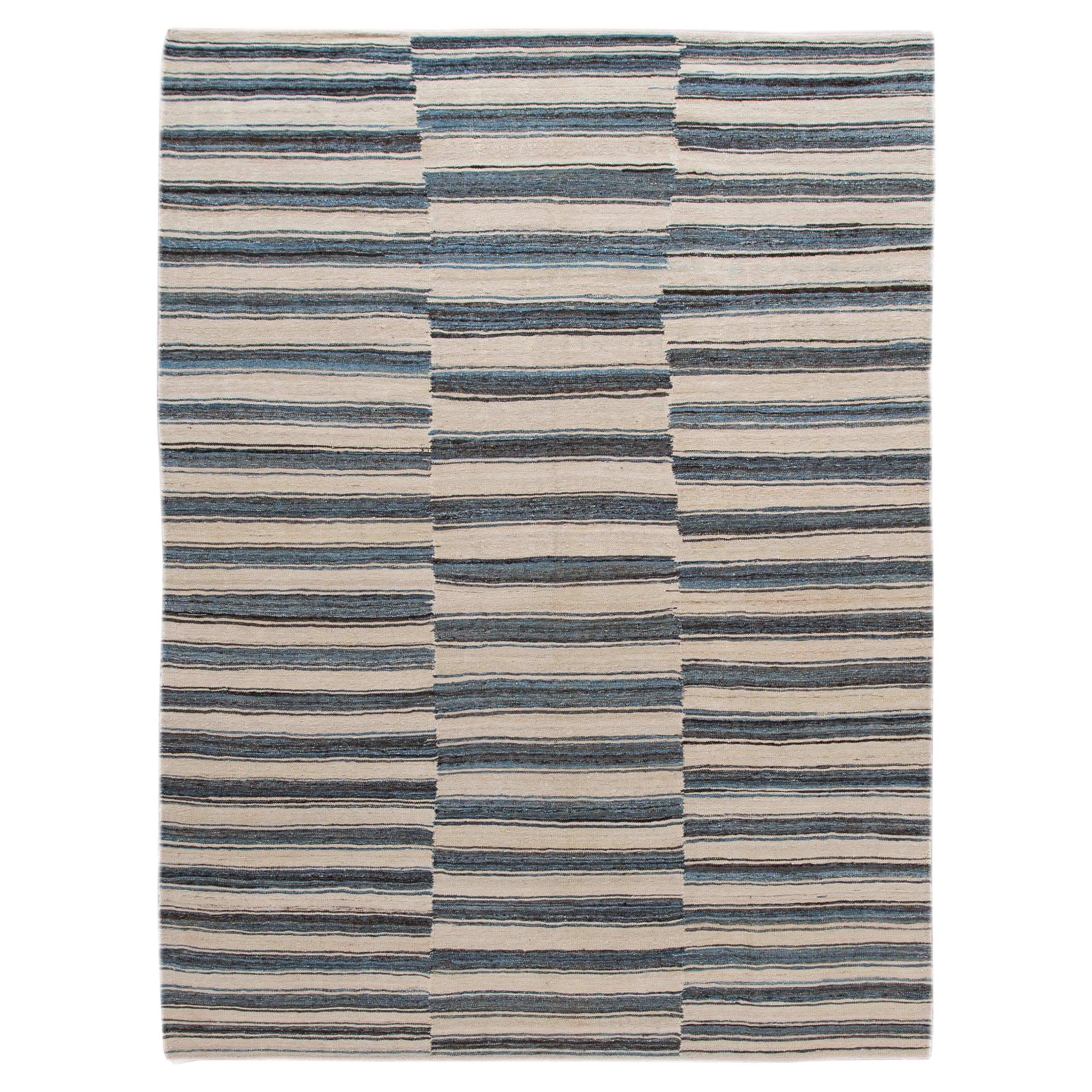 Modern Kilim Rugs Handmade Black Cream Kilim, Flat Striped Wool Rug at