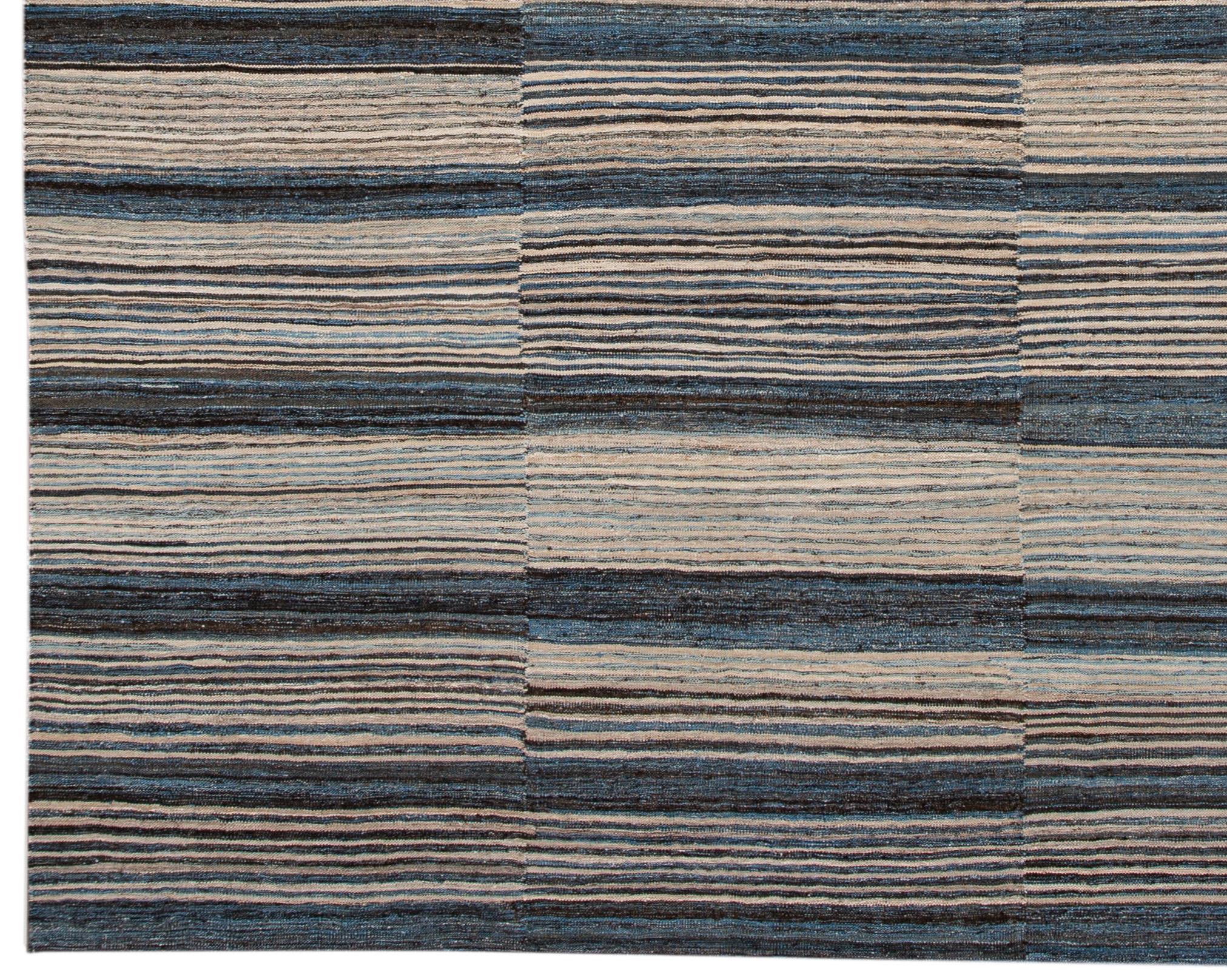 Afghan Modern Striped Kilim Room Size Wool Rug For Sale