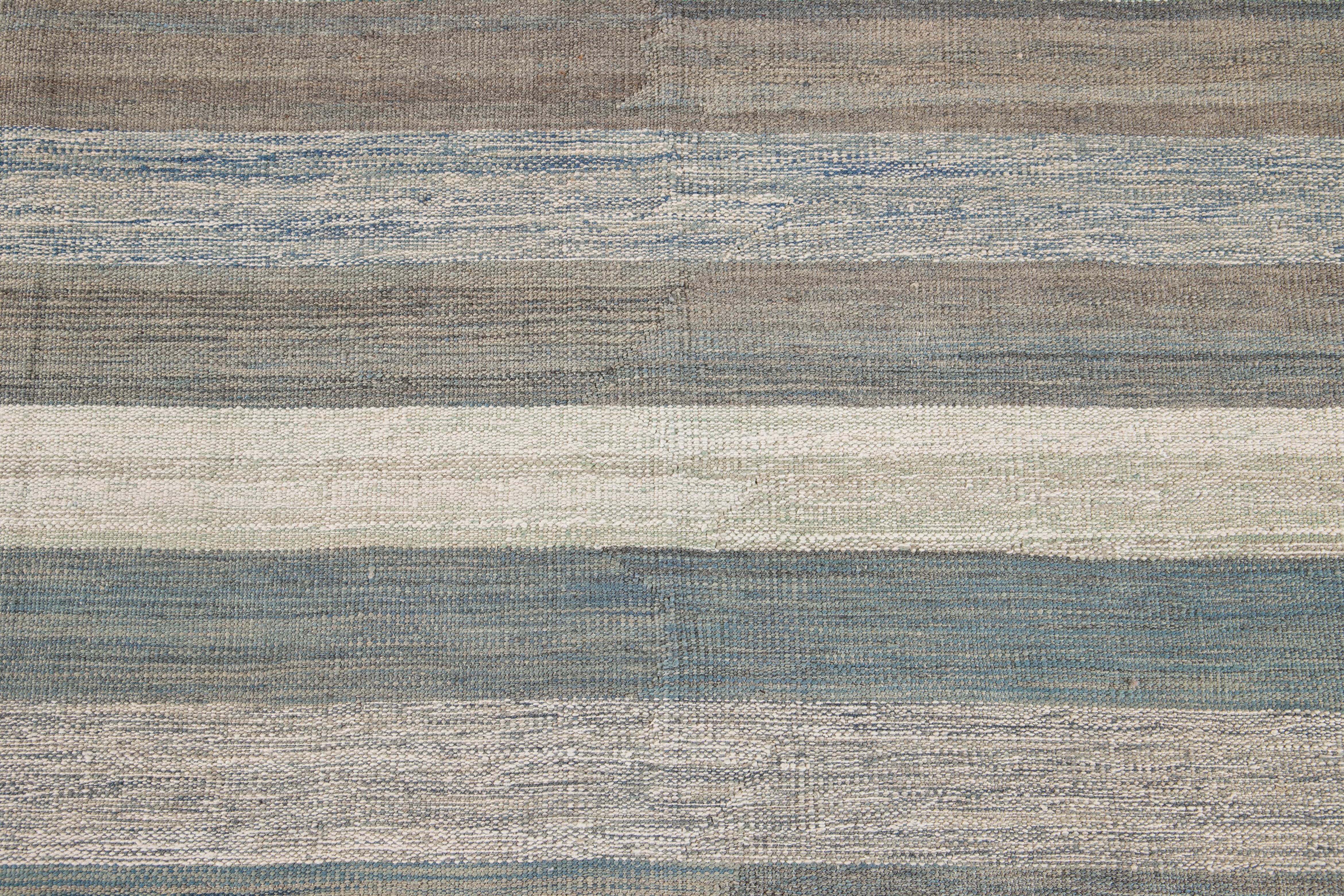 Modern Striped Kilim Room Size Wool Rug In New Condition For Sale In Norwalk, CT