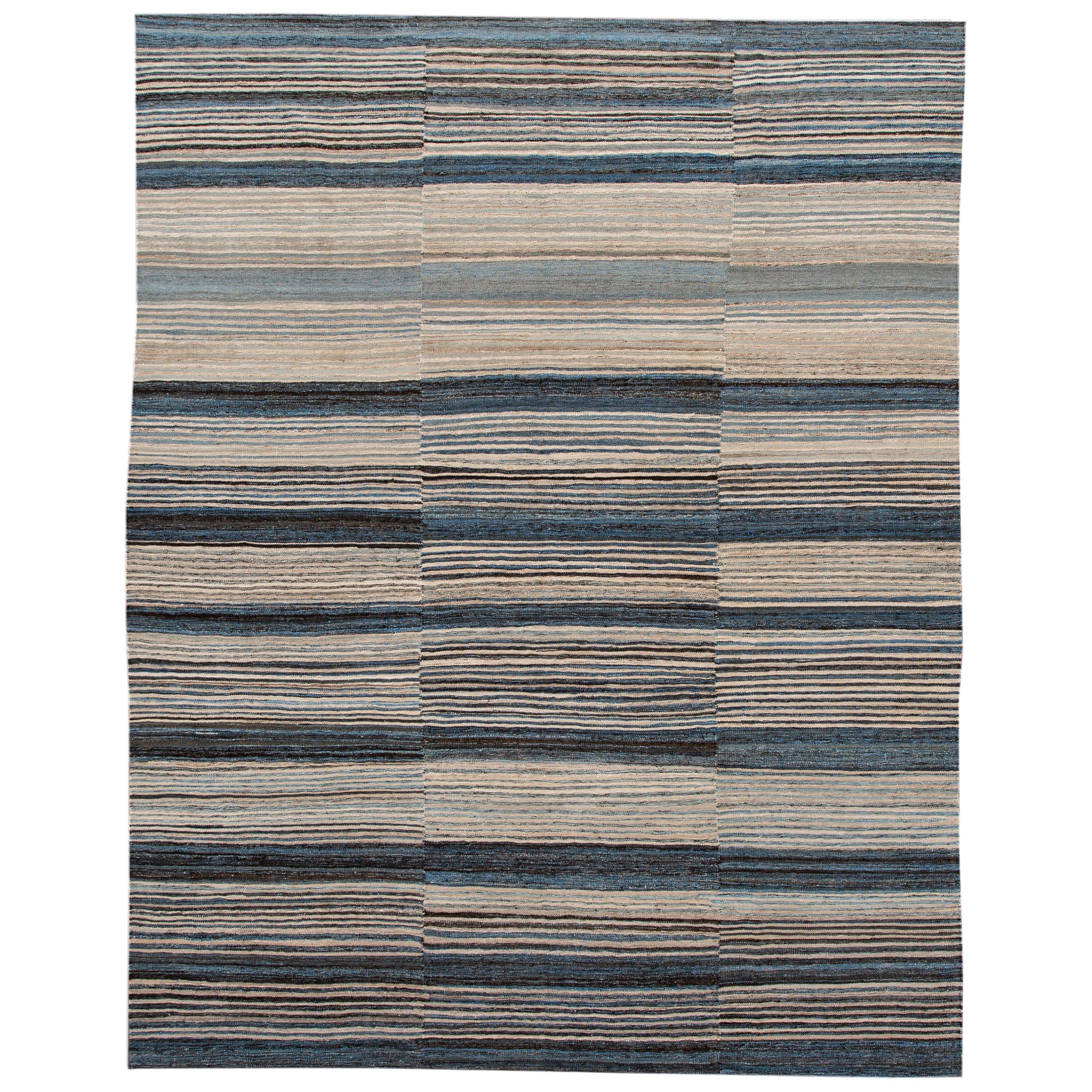 Modern Striped Kilim Room Size Wool Rug For Sale