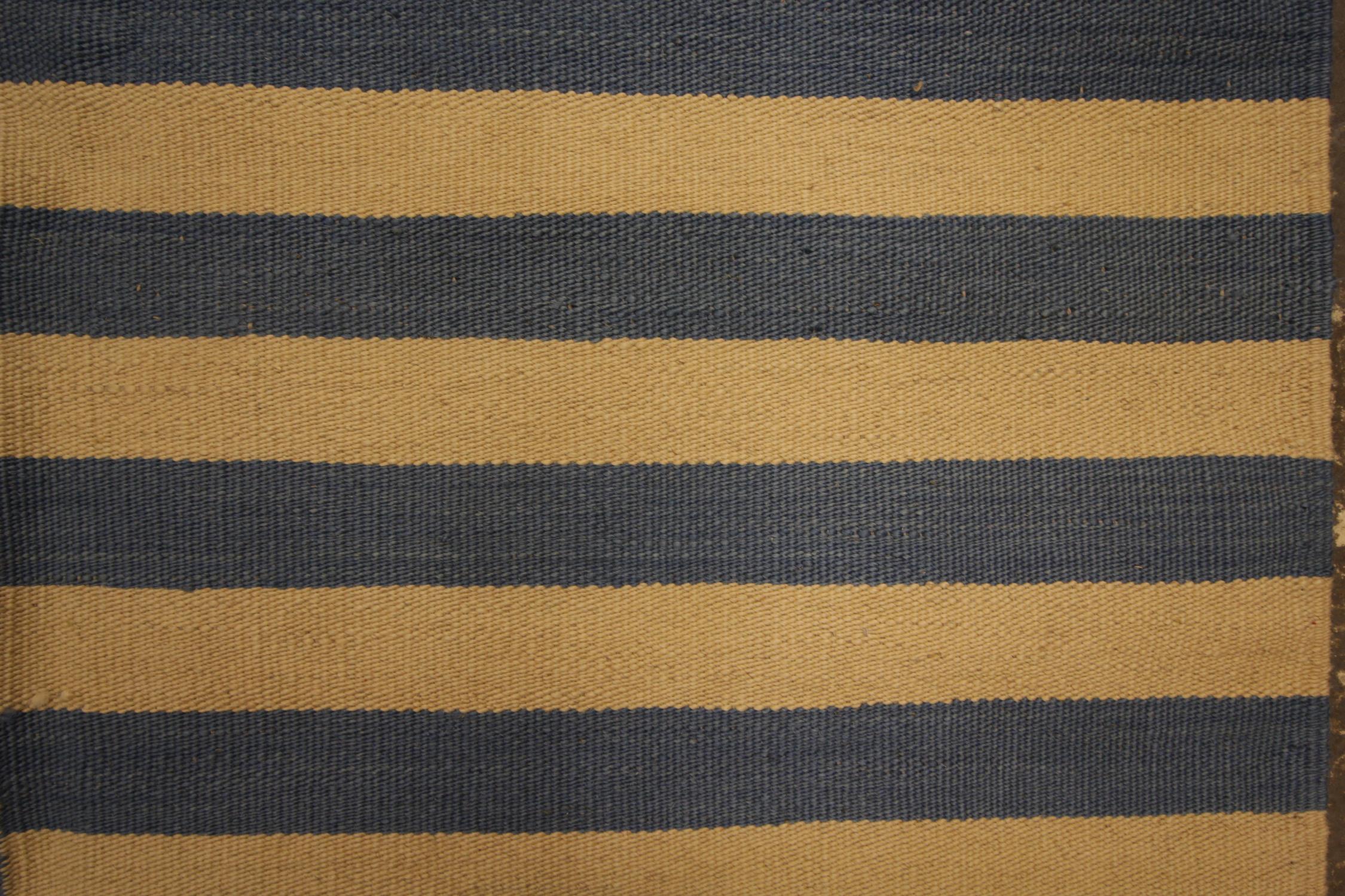 Mid-Century Modern Modern Striped Kilim Rug, Blue Cream Wool Handwoven Carpet Kilims
