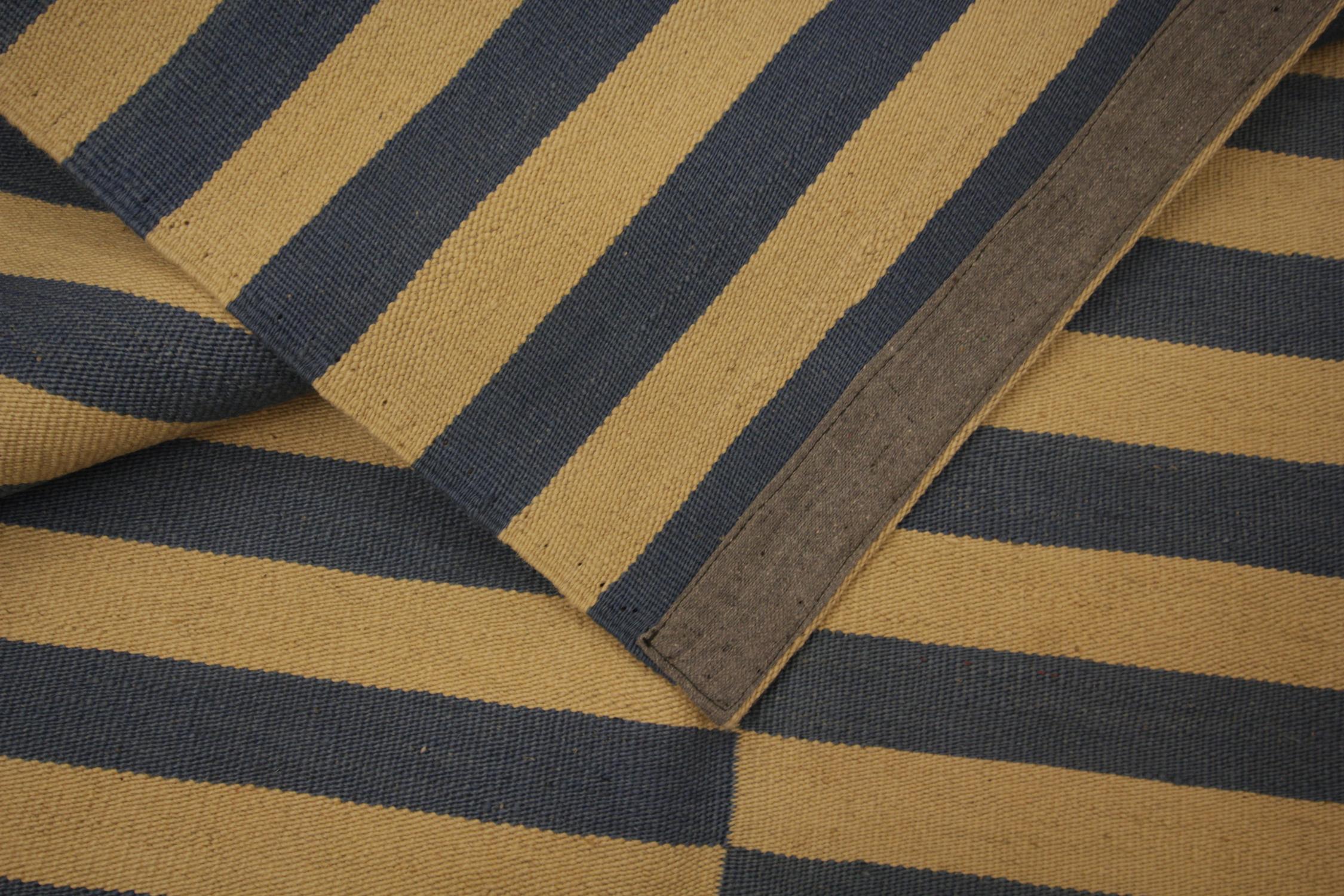 Hand-Knotted Modern Striped Kilim Rug, Blue Cream Wool Handwoven Carpet Kilims
