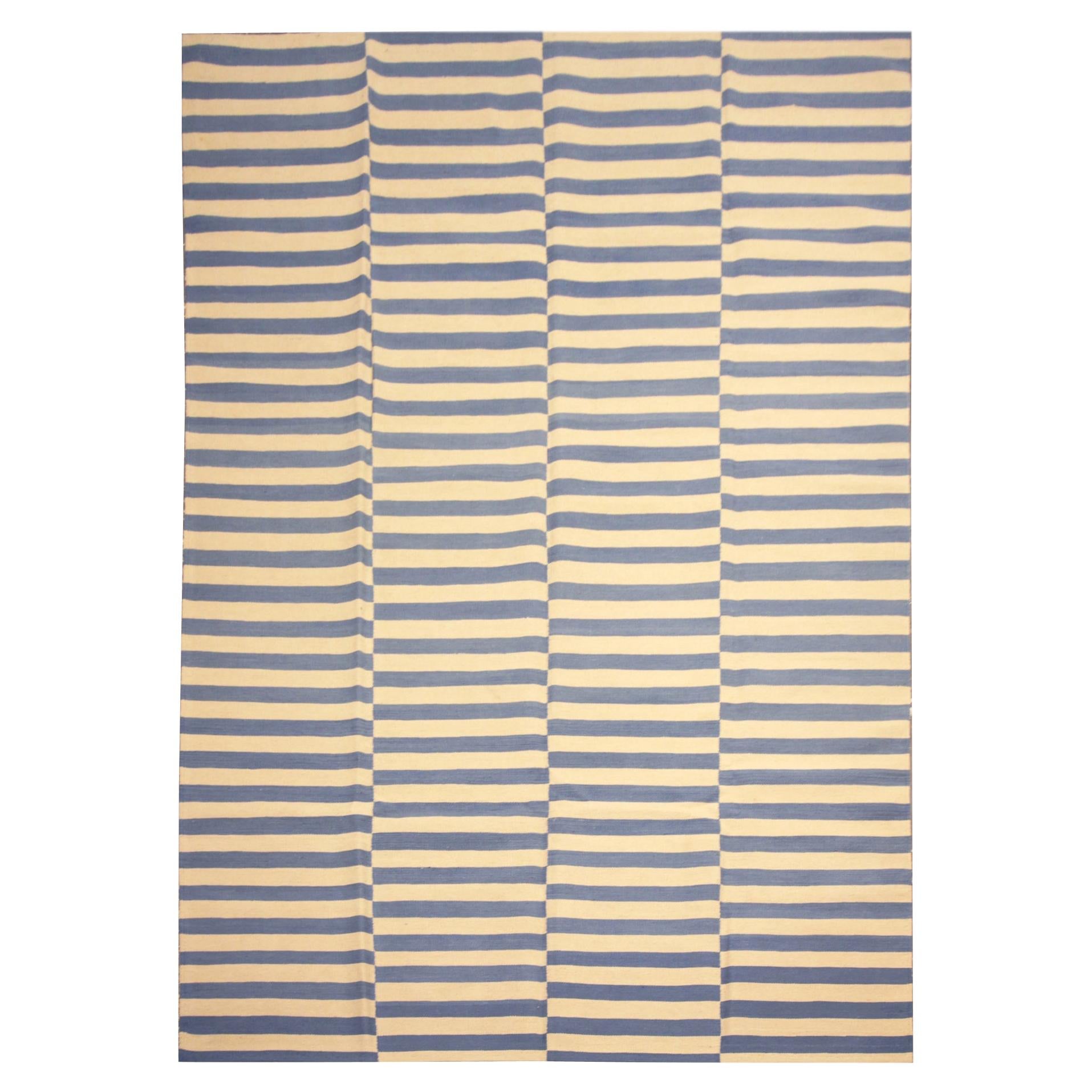 Modern Striped Kilim Rug, Blue Cream Wool Handwoven Carpet Kilims
