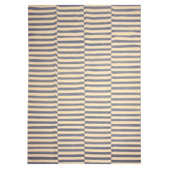 Modern Striped Kilim Rug, Blue Cream Wool Handwoven Carpet Kilims