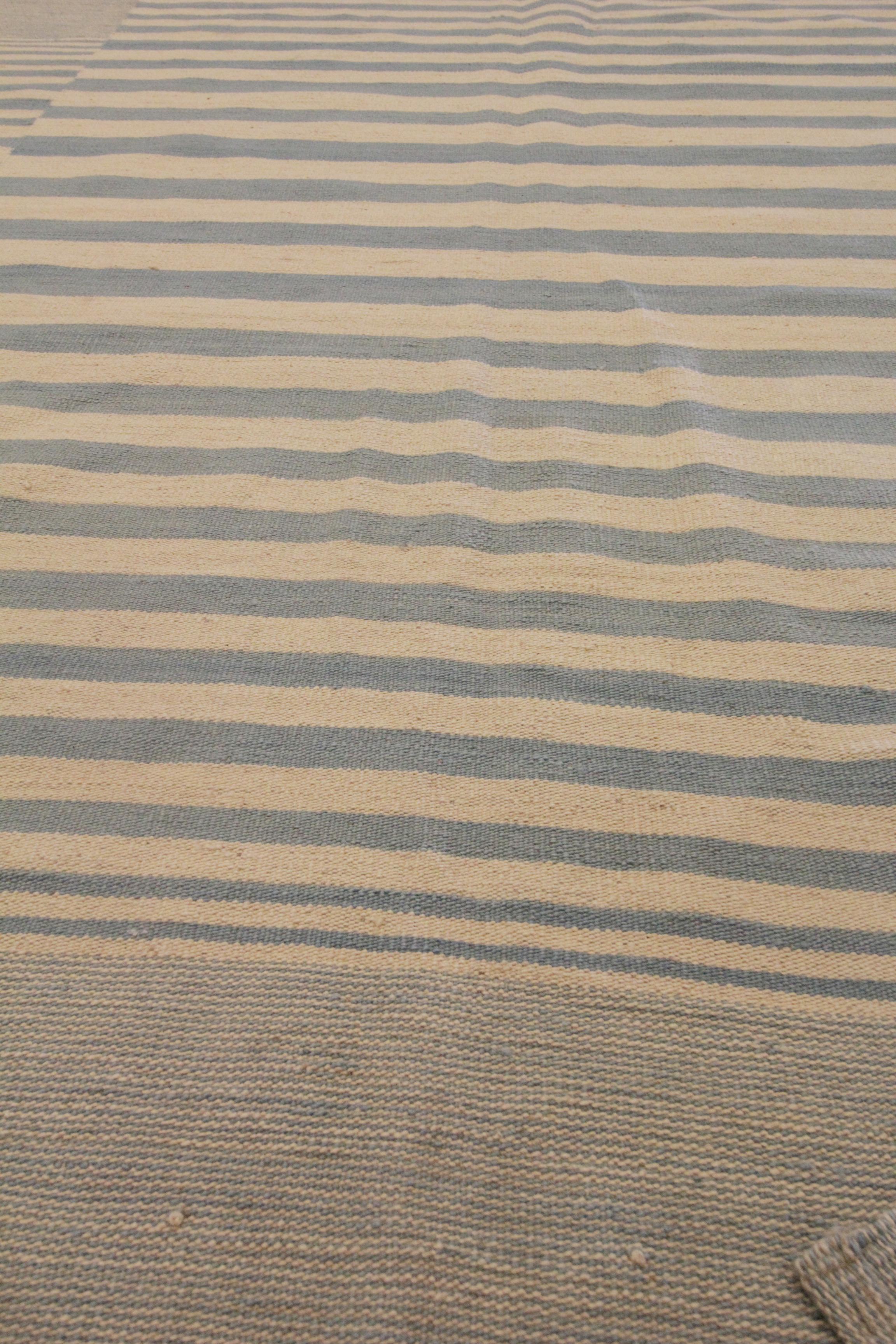 Modern Striped Kilim Rug Handmade Carpet Blue Cream Wool Flat Area Rug For Sale 4