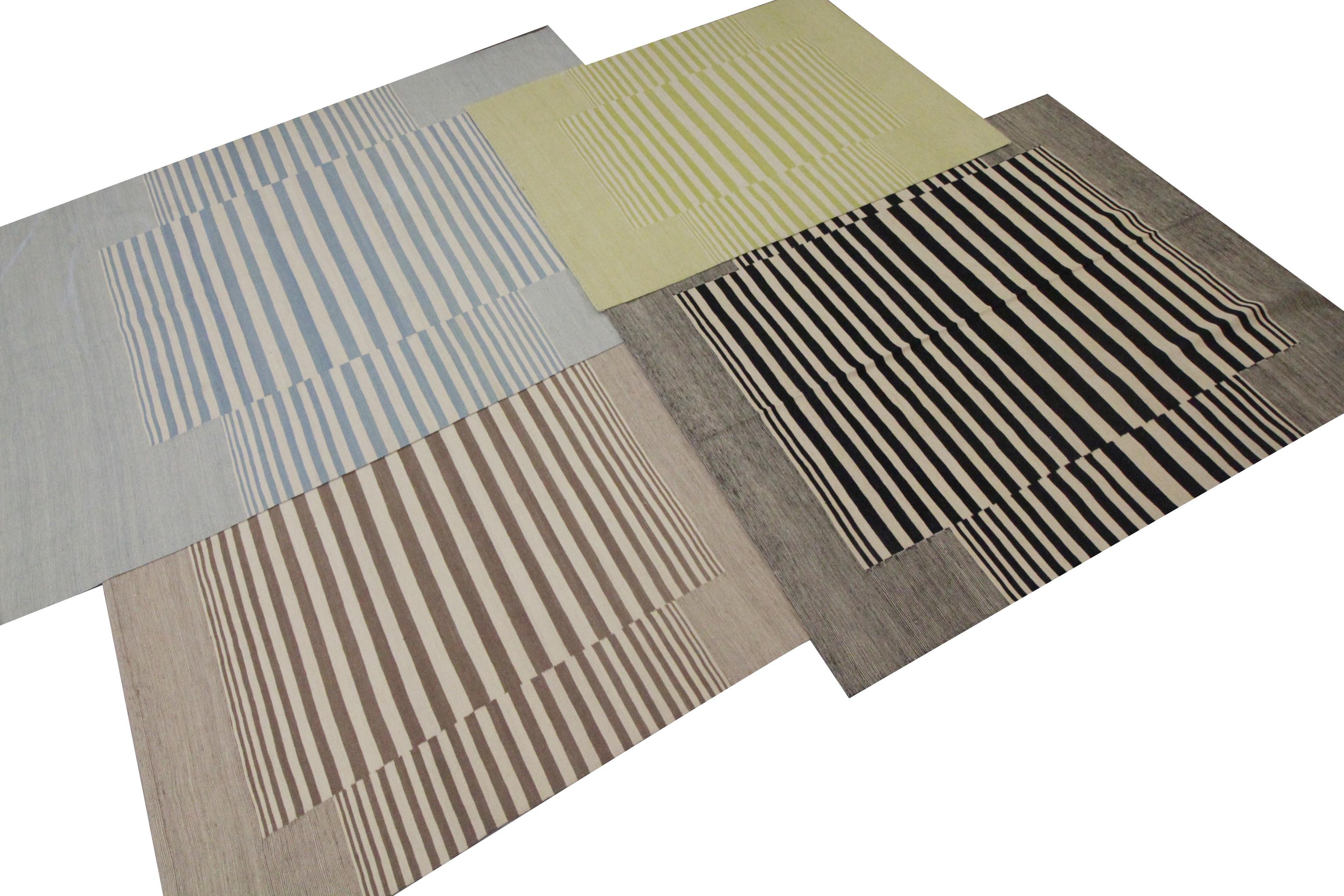 Modern Striped Kilim Rug Handmade Carpet Blue Cream Wool Flat Area Rug For Sale 5