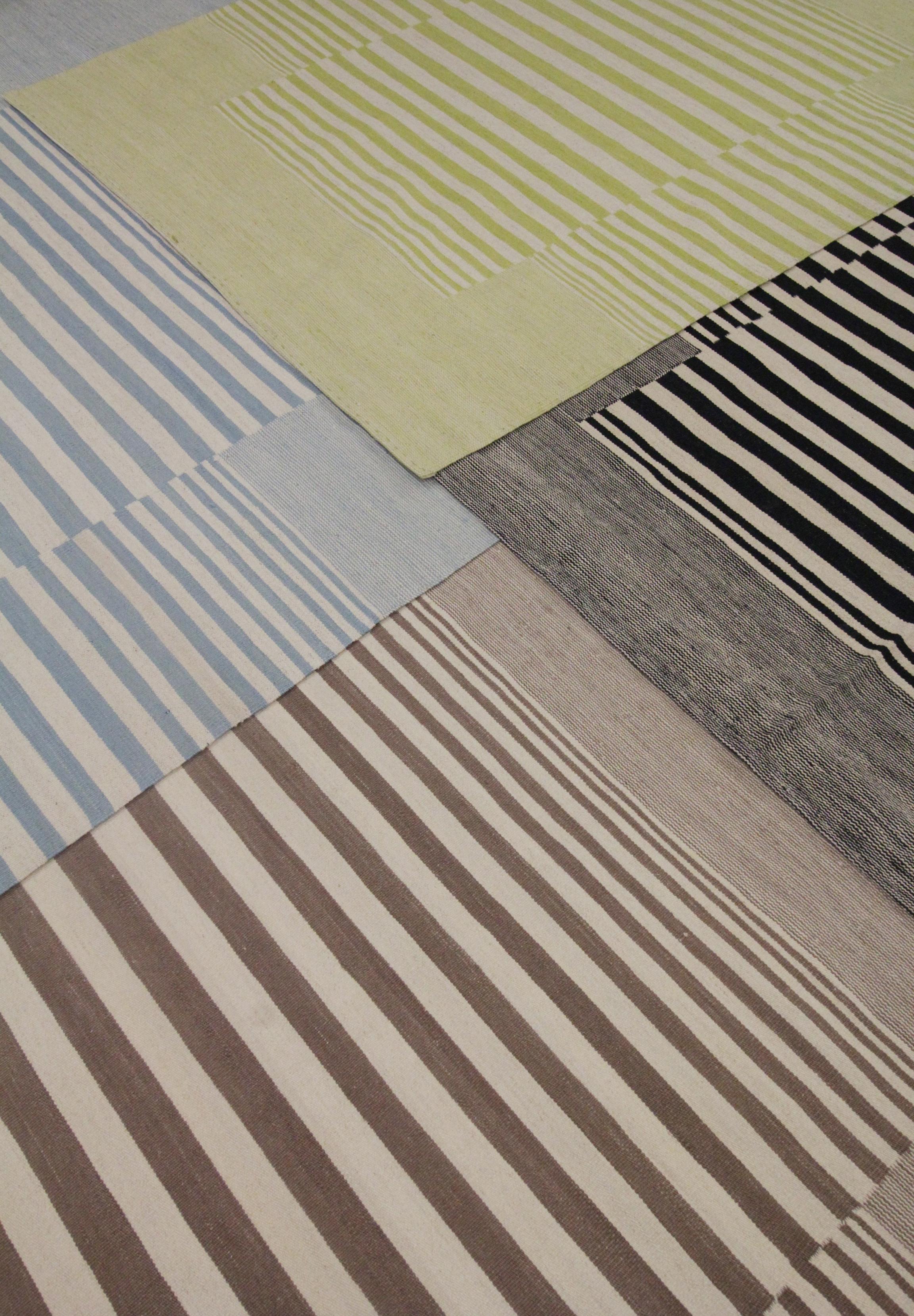 Modern Striped Kilim Rug Handmade Carpet Blue Cream Wool Flat Area Rug For Sale 6