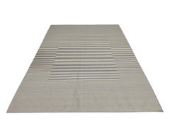 Modern Striped Kilim Rug Handmade Carpet Blue Cream Wool Flat Area Rug