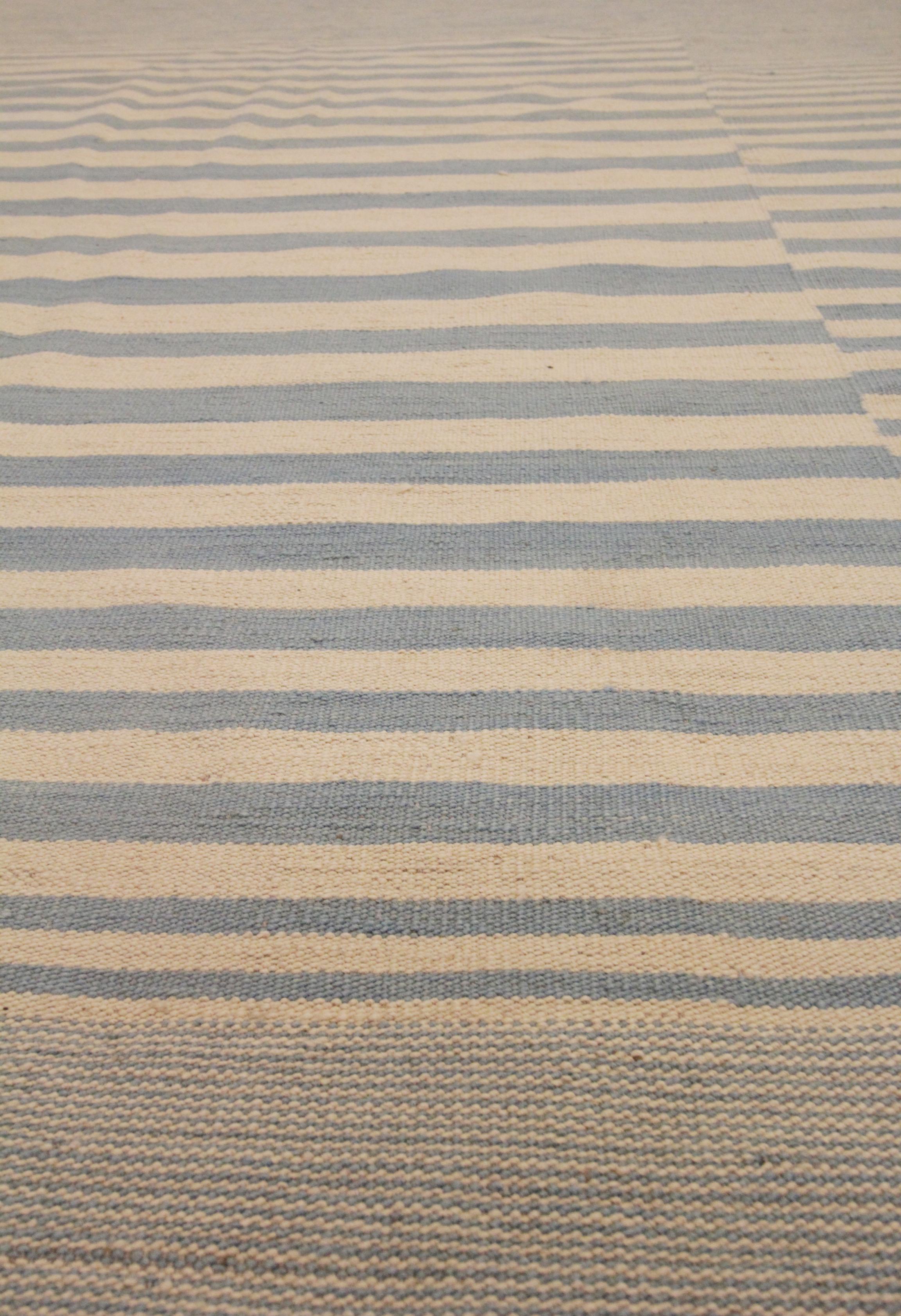 Afghan Modern Striped Kilim Rug Handmade Carpet Blue Cream Wool Flat Area Rug For Sale