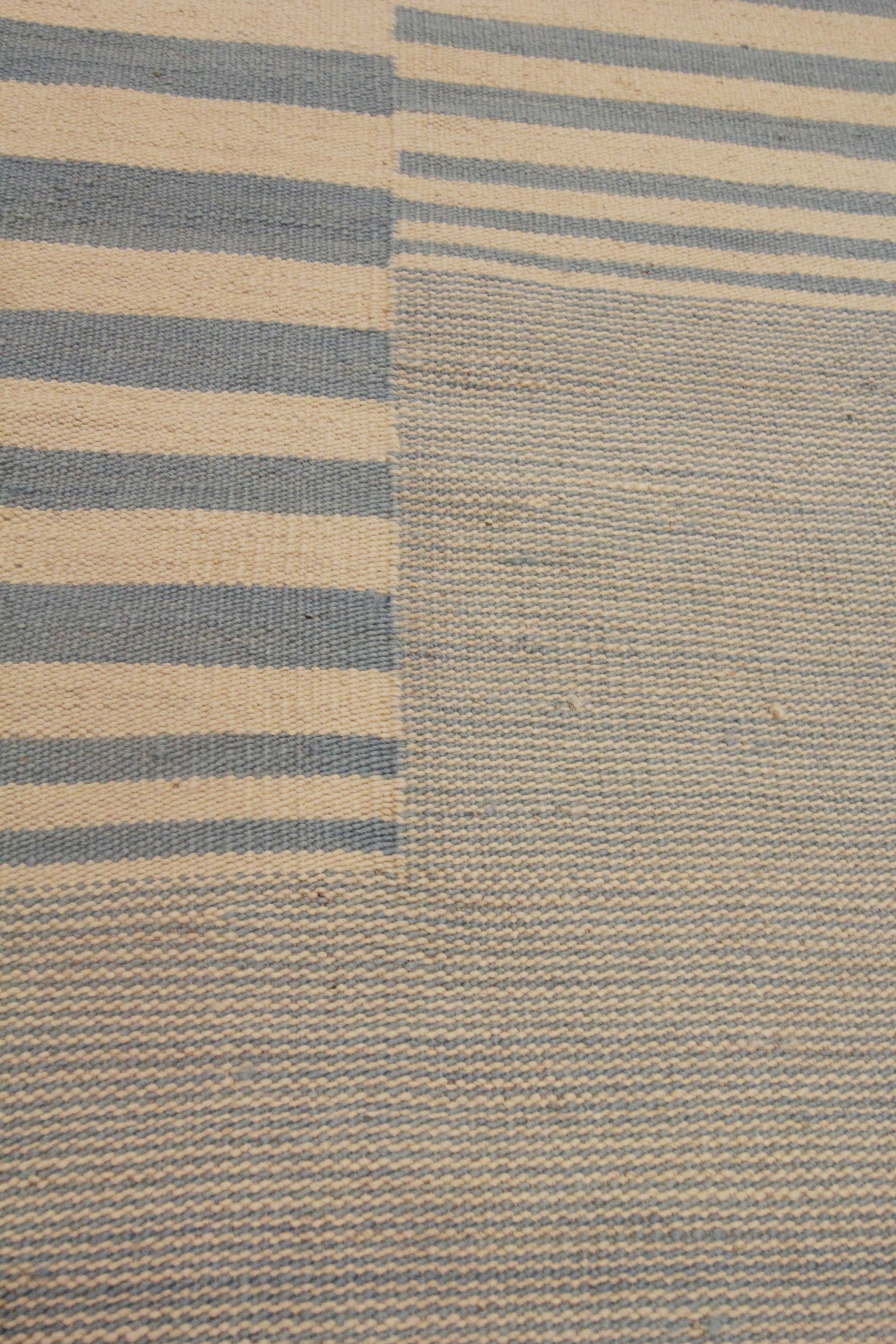 Hand-Knotted Modern Striped Kilim Rug Handmade Carpet Blue Cream Wool Flat Area Rug For Sale