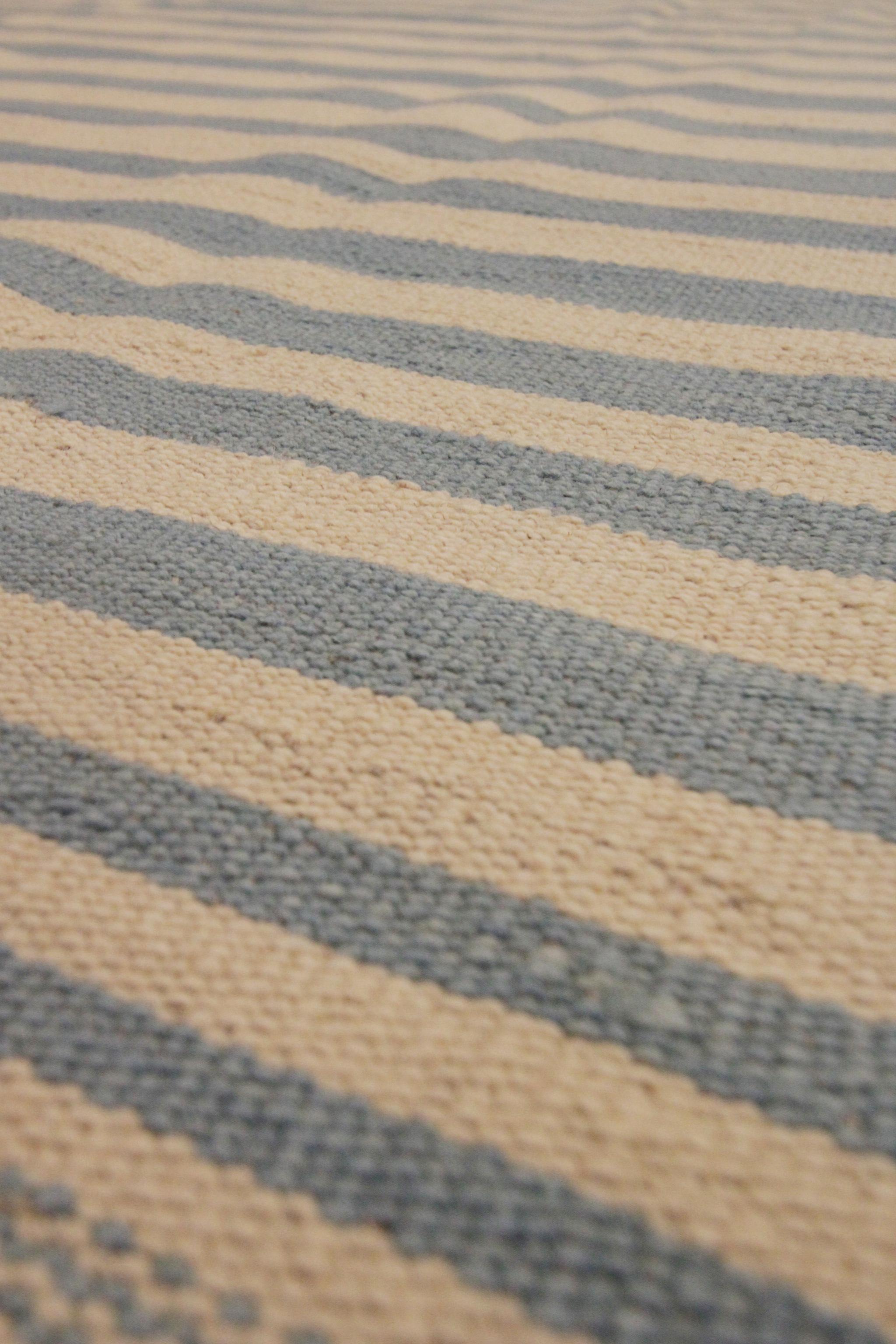 Contemporary Modern Striped Kilim Rug Handmade Carpet Blue Cream Wool Flat Area Rug For Sale