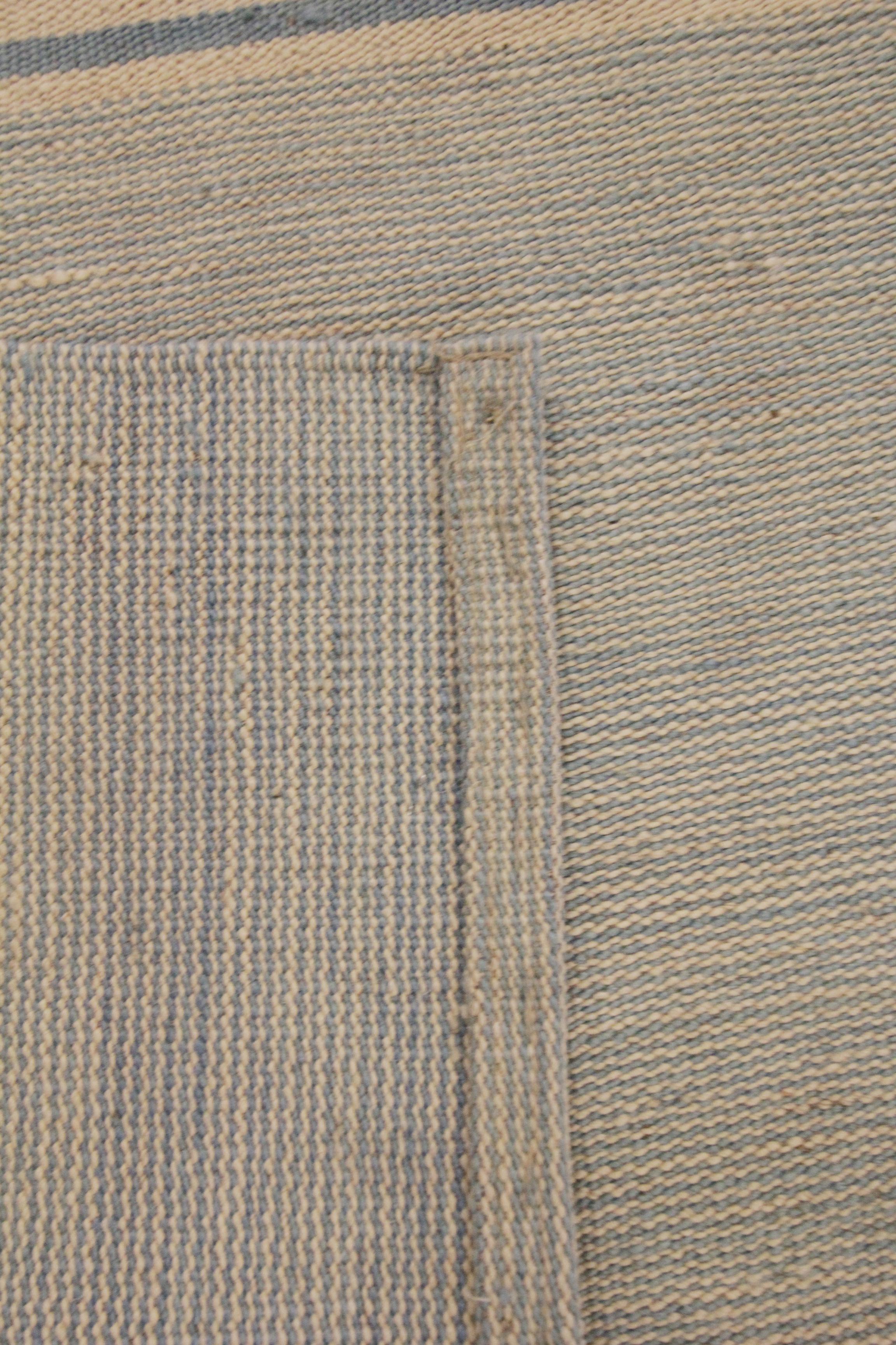 Modern Striped Kilim Rug Handmade Carpet Blue Cream Wool Flat Area Rug For Sale 2