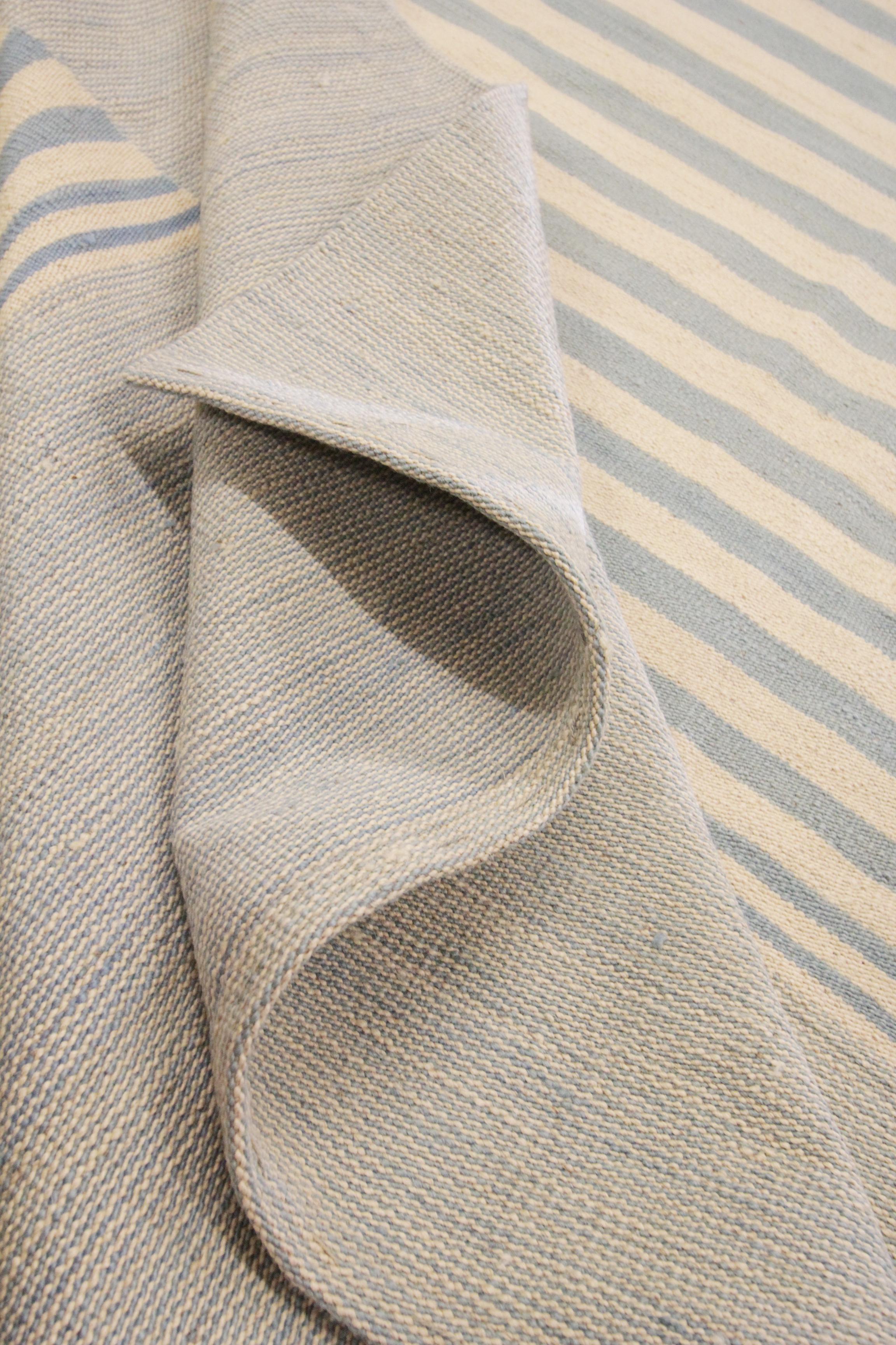 Modern Striped Kilim Rug Handmade Carpet Blue Cream Wool Flat Area Rug For Sale 3