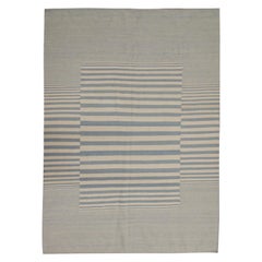 Alfombra Kilim a rayas moderna Alfombra hecha a mano Alfombra plana de lana azul crema